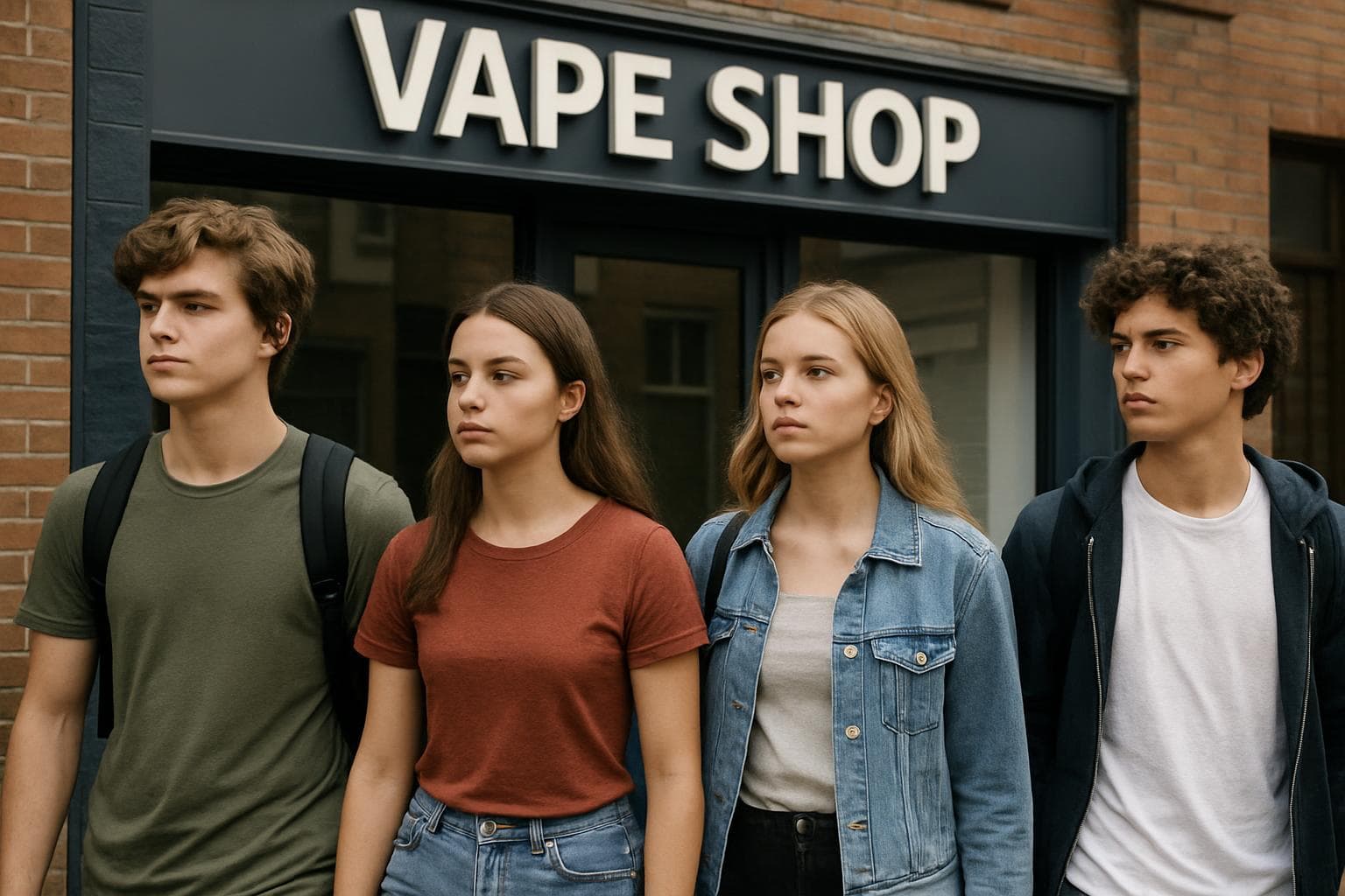 Australian teenagers walking away from a vape shop