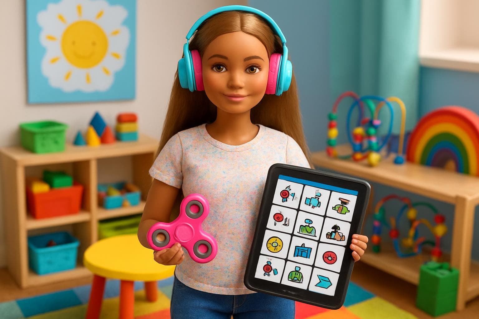 Barbie doll with headphones, fidget spinner, and tablet.