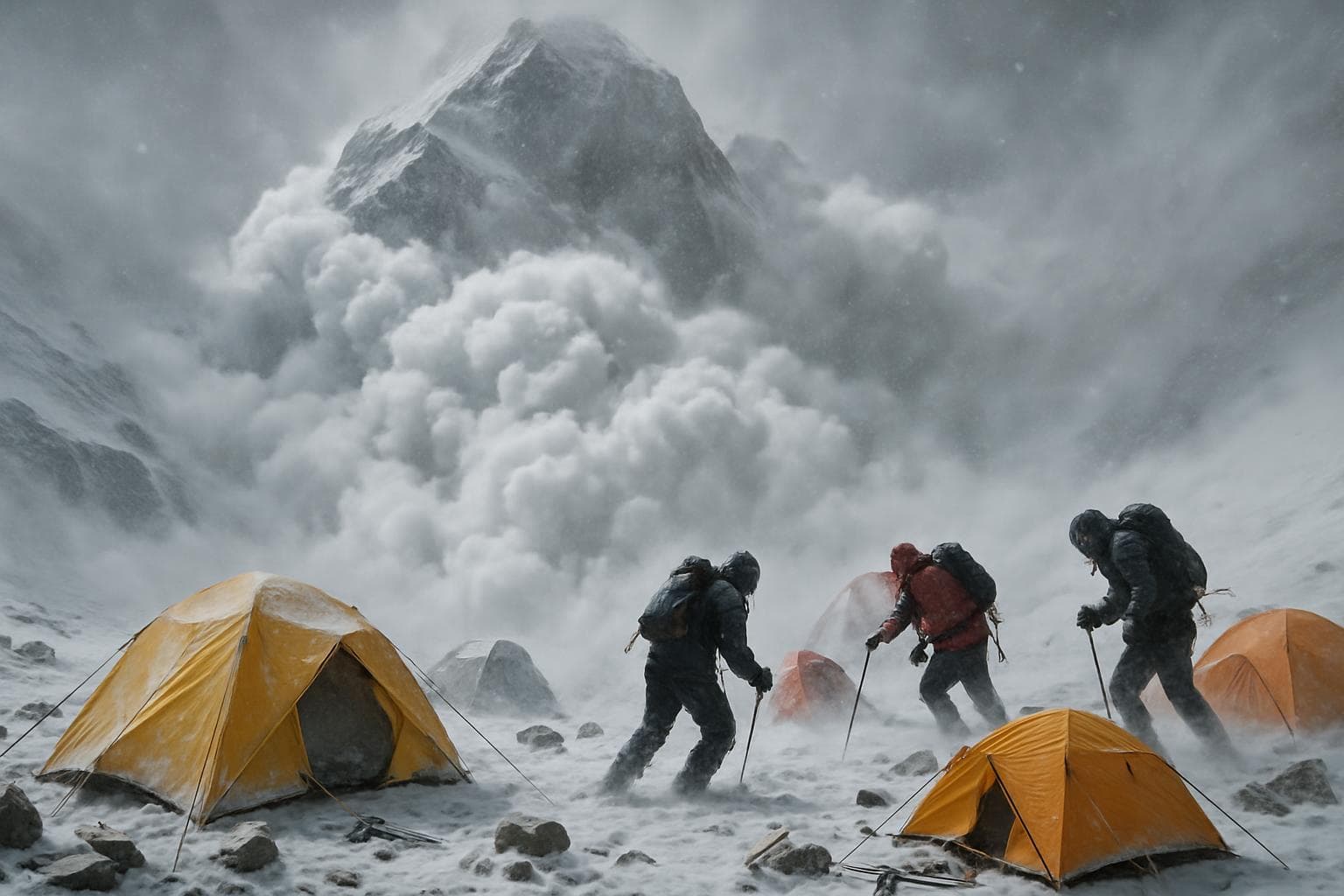 Avalanche striking a climbers' camp on Yalung Ri mountain