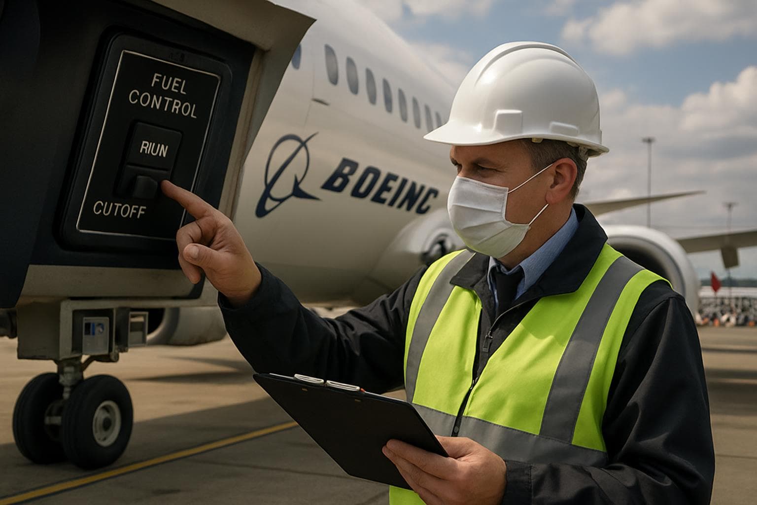 Aviation inspector examines a fuel control switch on a Boeing airplane.