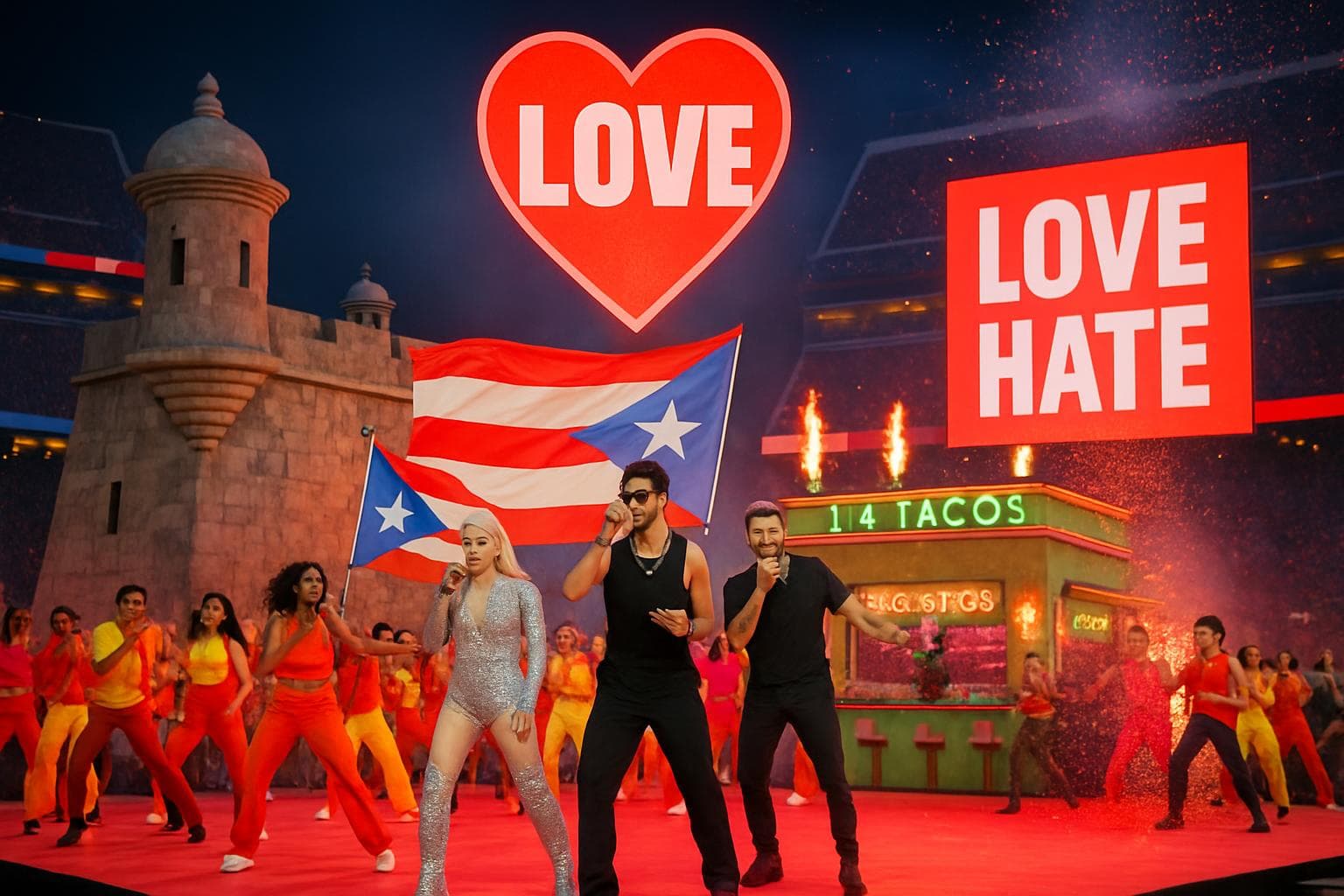 Bad Bunny performing at Super Bowl halftime show with guests