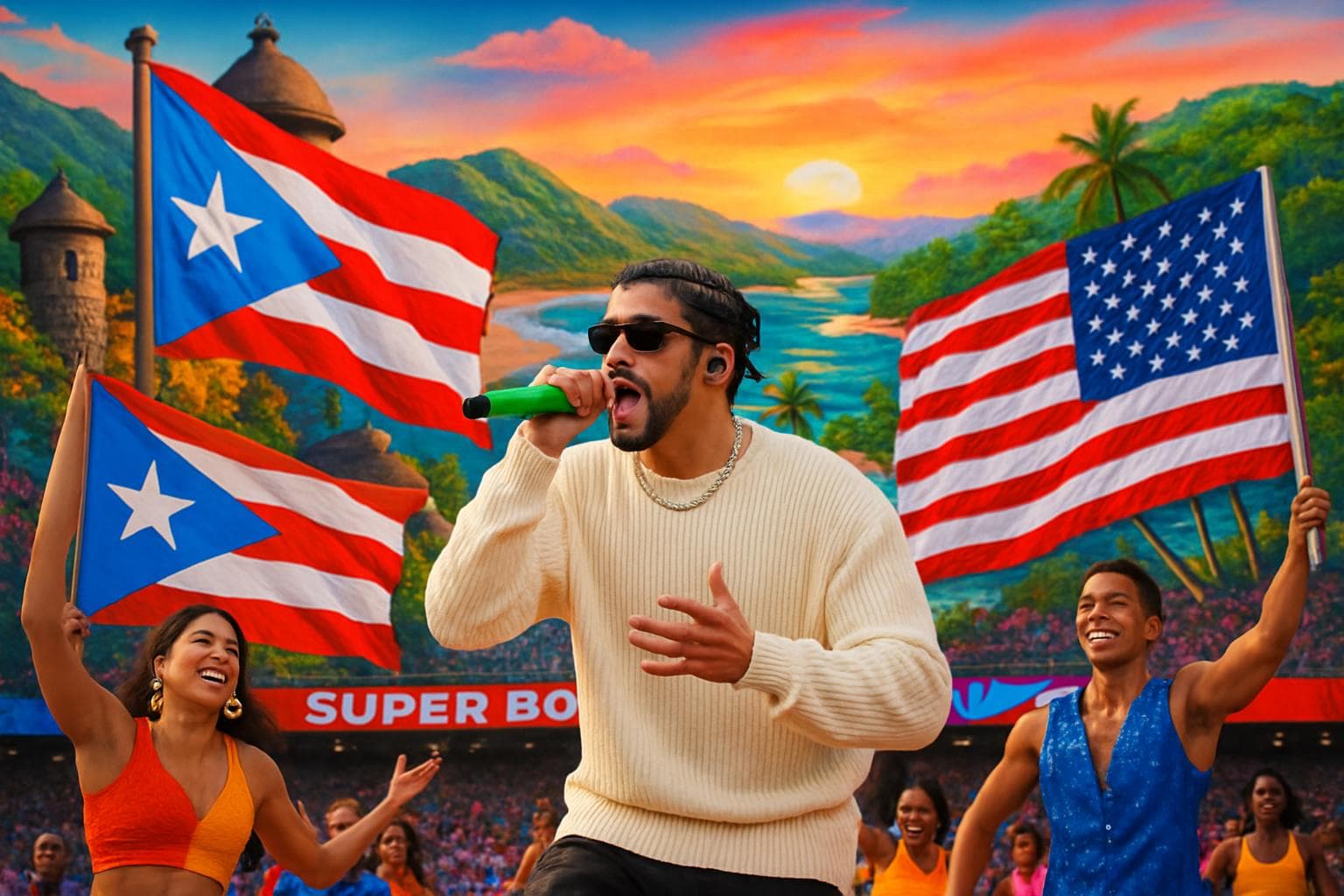Bad Bunny performing at Super Bowl with Puerto Rican and US flags