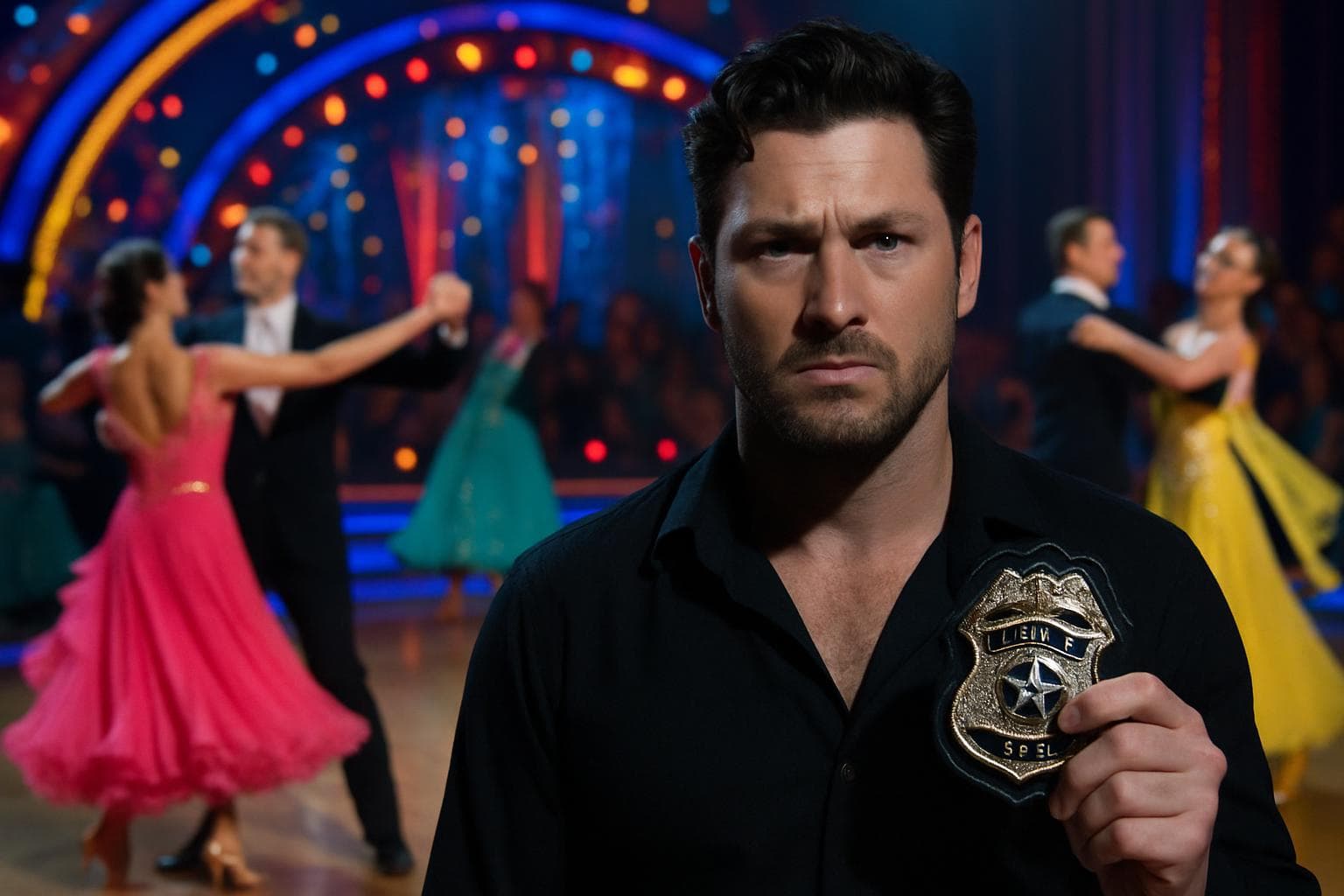 Ballroom dancing star with police badge symbolizing arrest