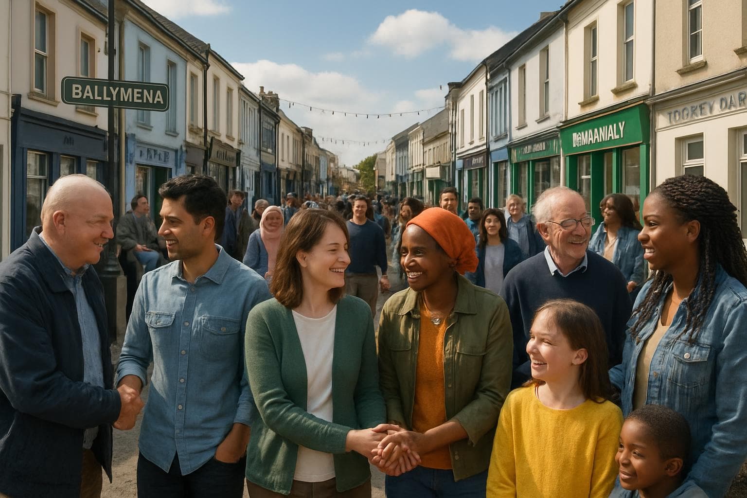 Diverse community gathering on a street in Ballymena