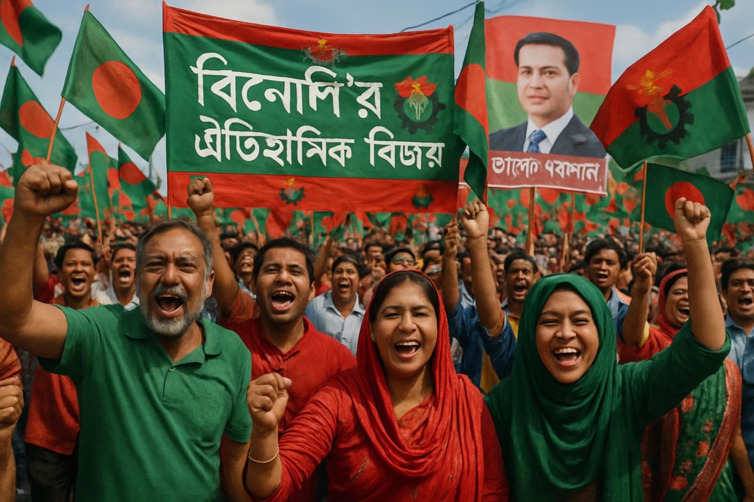 Diverse Bangladeshi crowd celebrating election victory