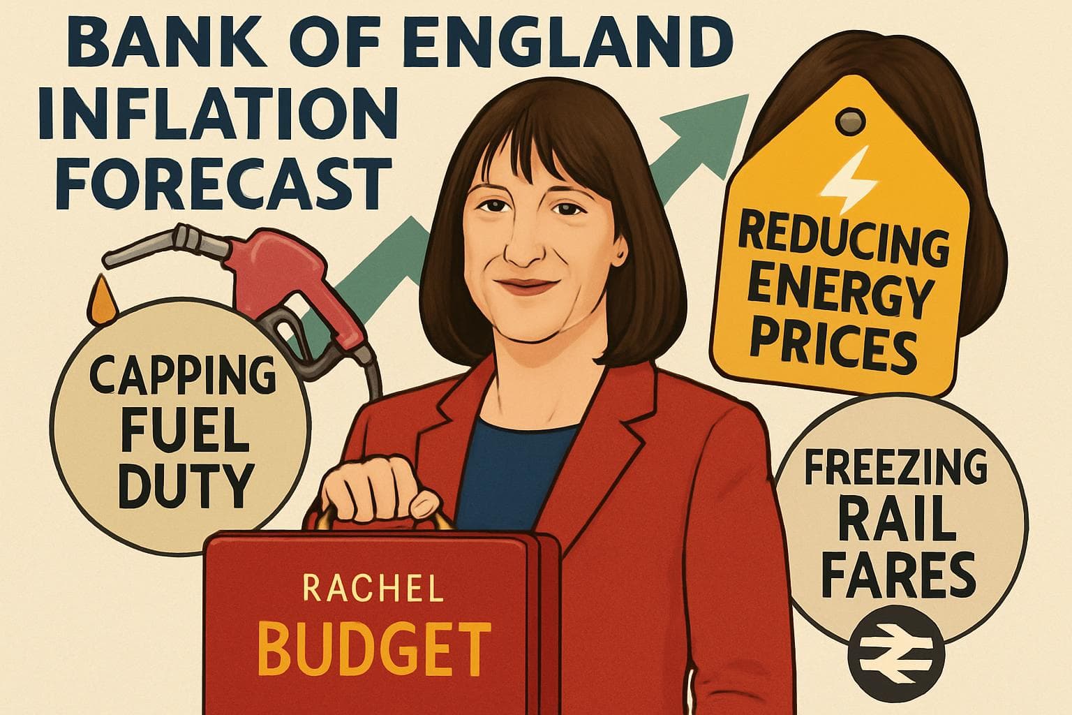 Chancellor Rachel Reeves with symbols of economic strategy