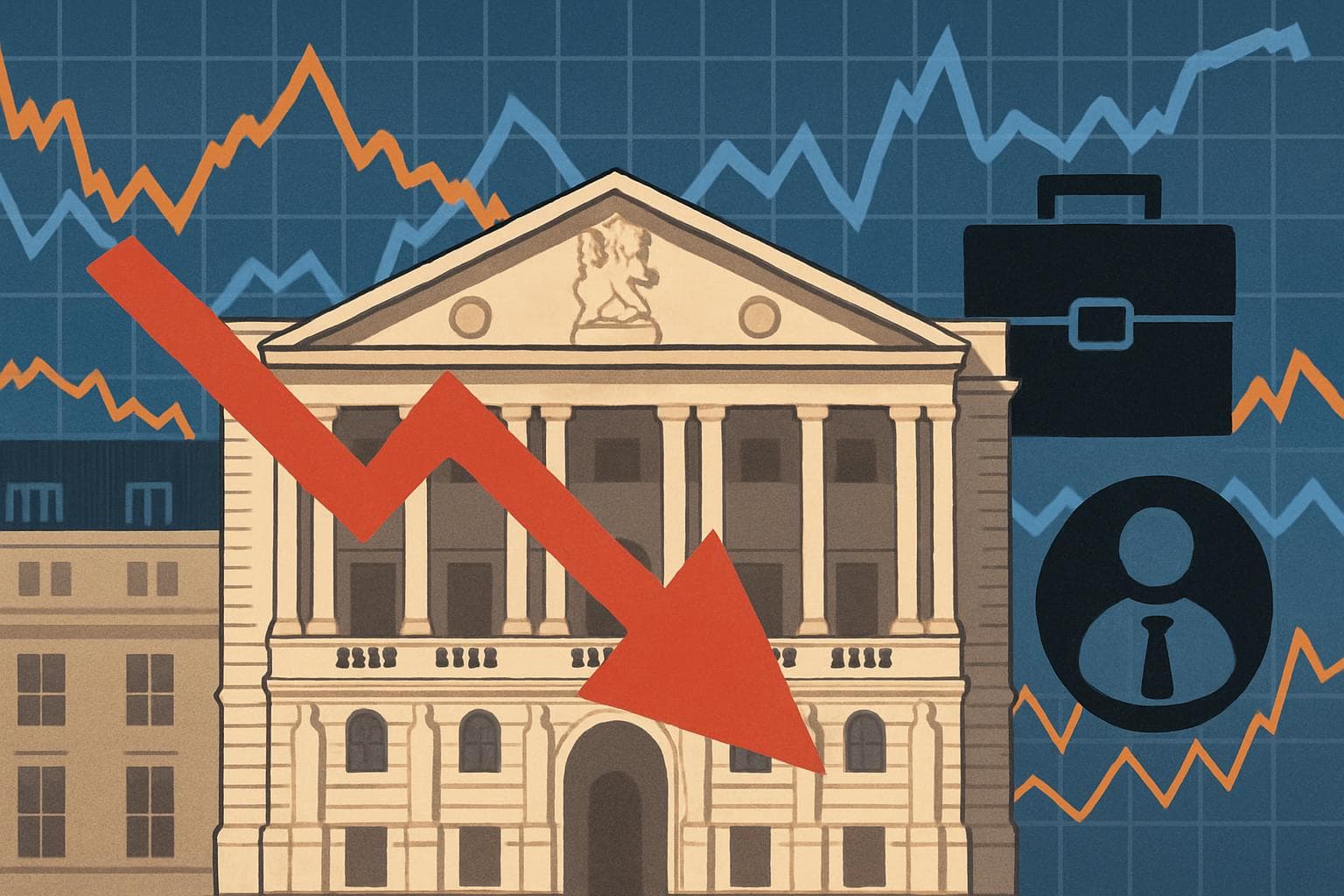 Bank of England with downward arrow and economic graphs