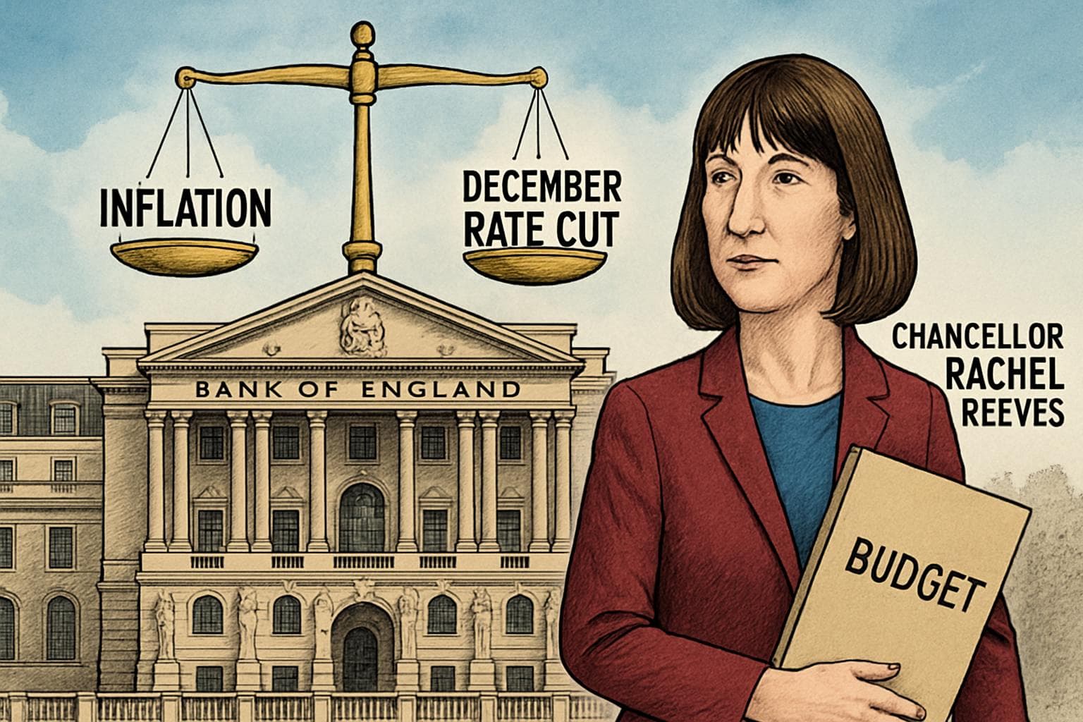 Bank of England with balancing scale and inflation concerns