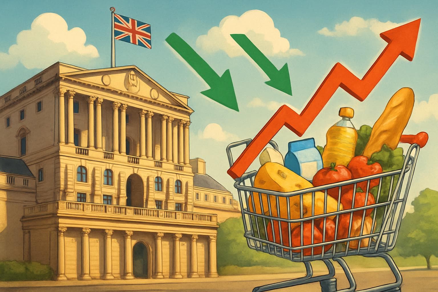 Bank of England with arrows and shopping cart