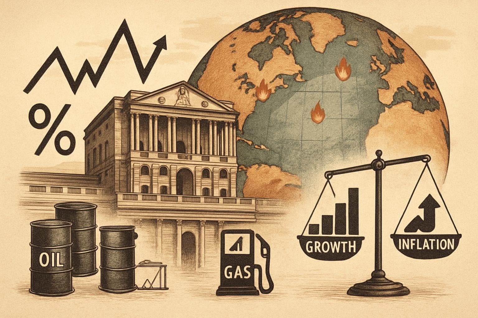 Bank of England with symbols of interest rates and economy