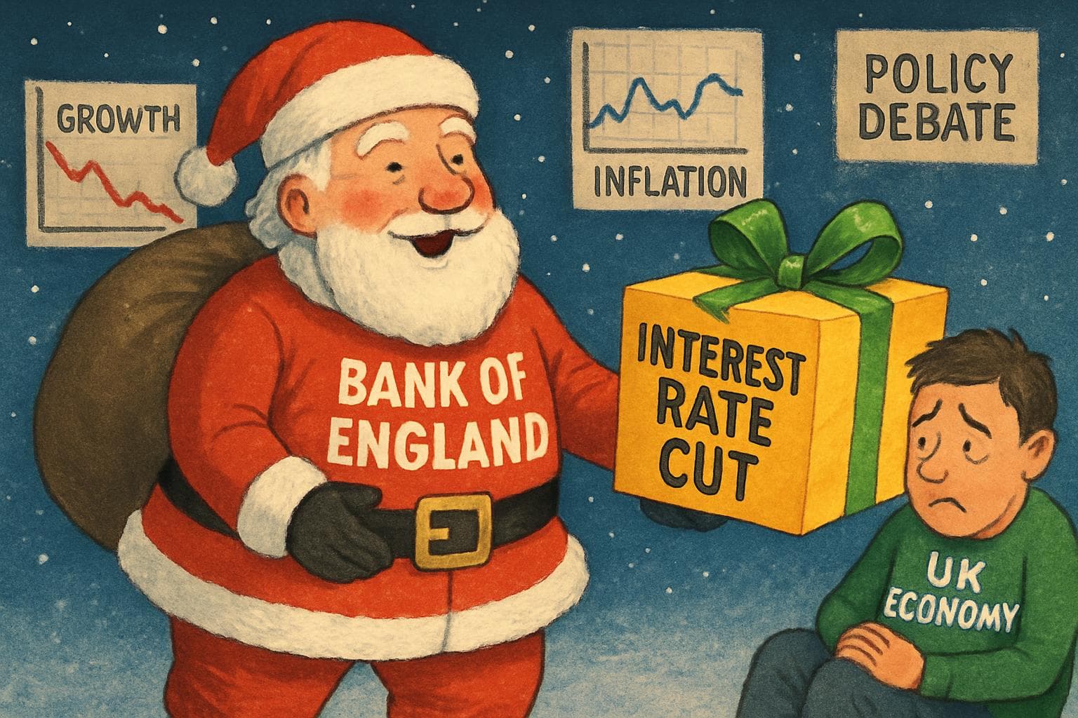 Bank of England depicted as Santa Claus with economic charts
