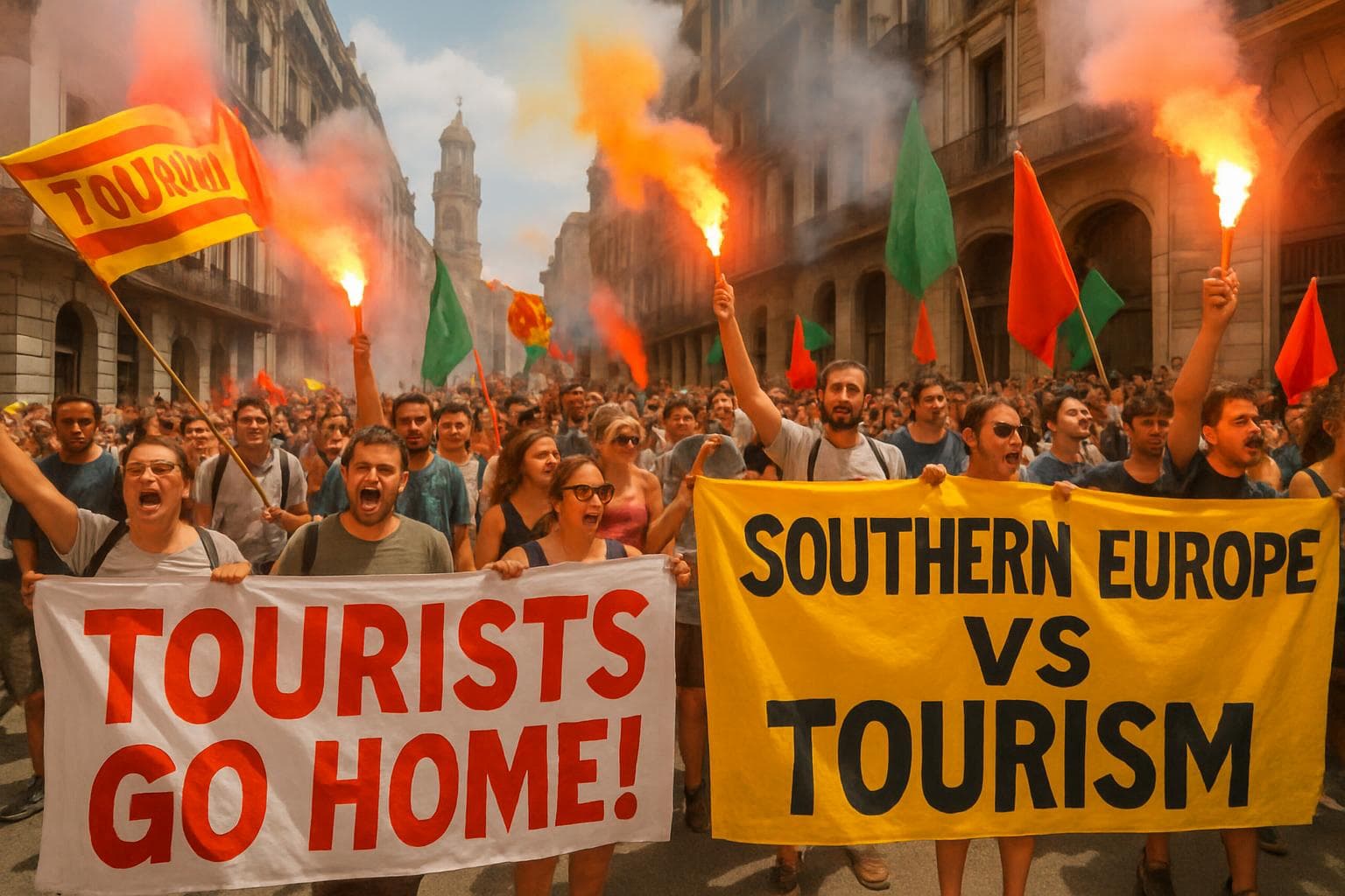 Protesters in Barcelona with colorful flares and banners
