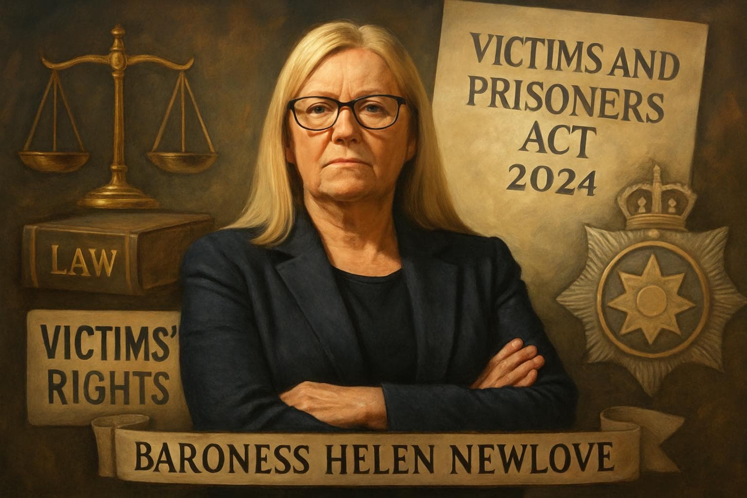 Baroness Helen Newlove with justice and community symbols