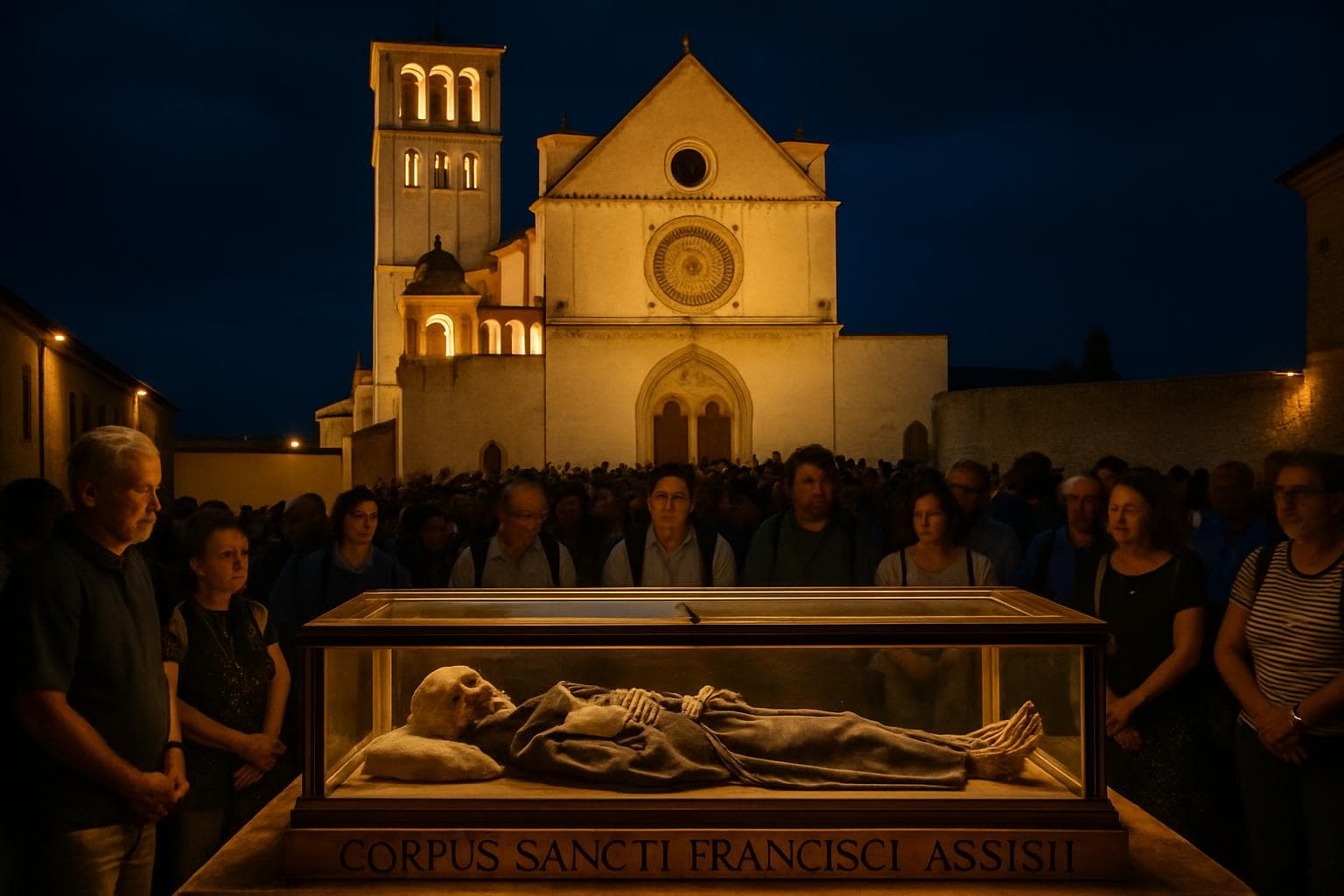 Illuminated Basilica of St Francis of Assisi with skeleton display