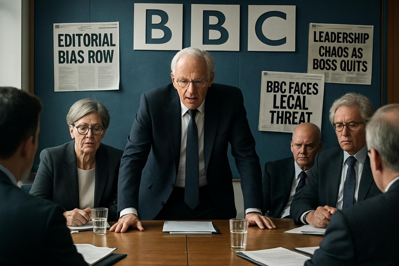 BBC boardroom with senior figures and news headlines