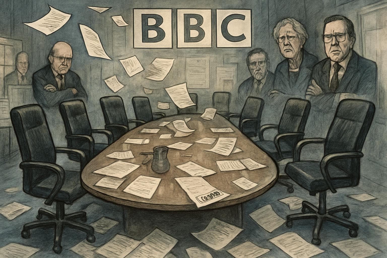 Empty chairs in a BBC boardroom with leaked documents