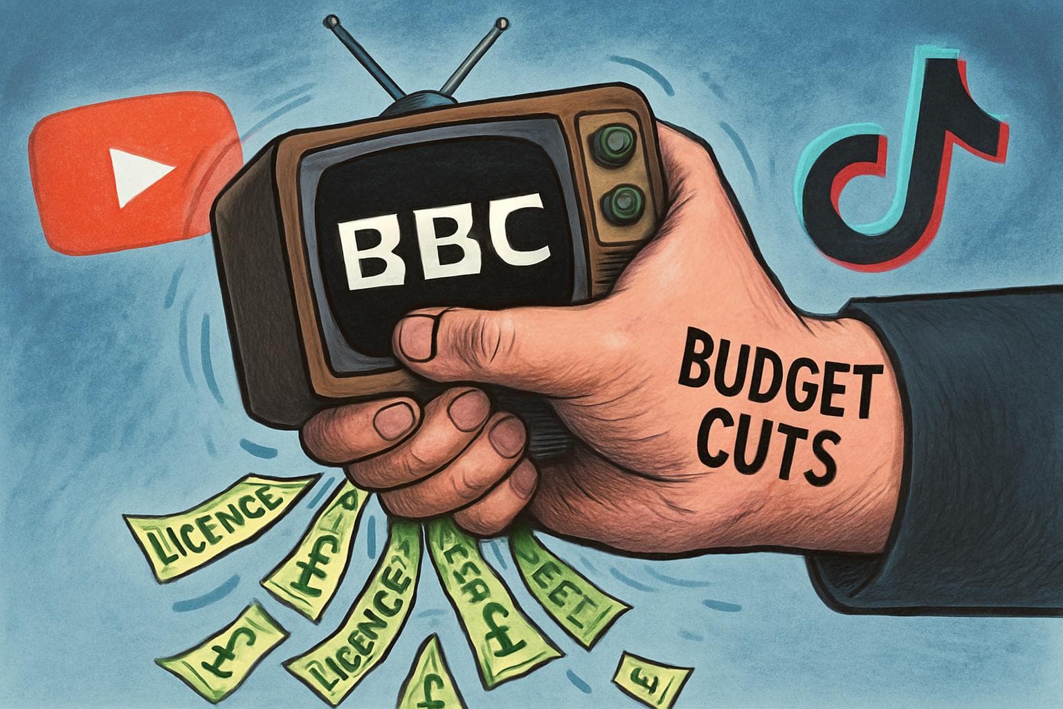 Large TV with BBC logo squeezed by hand labeled Budget Cuts