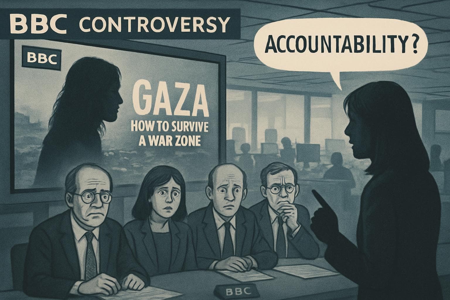 Newsroom with paused documentary and silhouette of a concerned woman