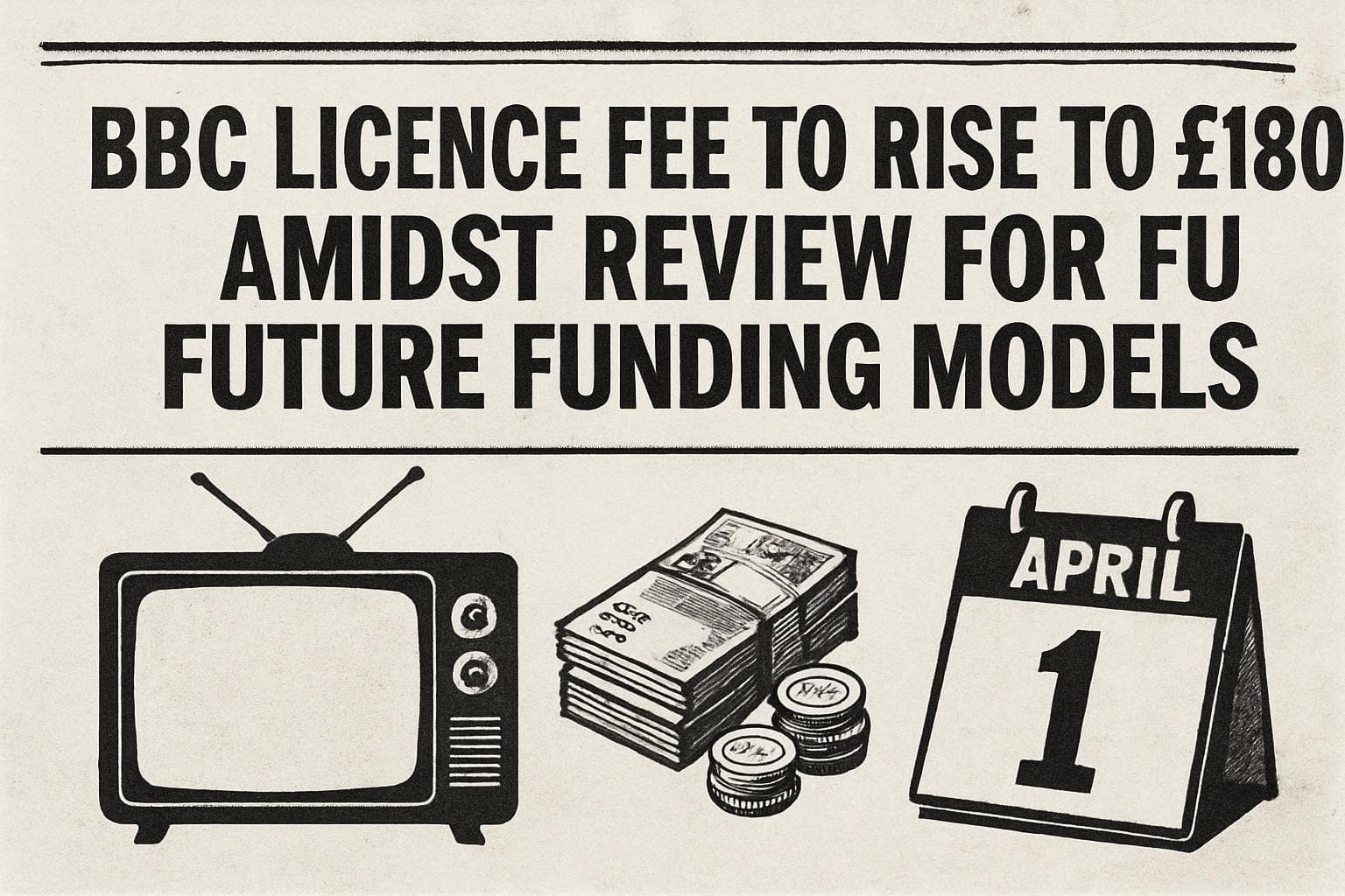 Newspaper headline about BBC licence fee increase with TV, money, and calendar