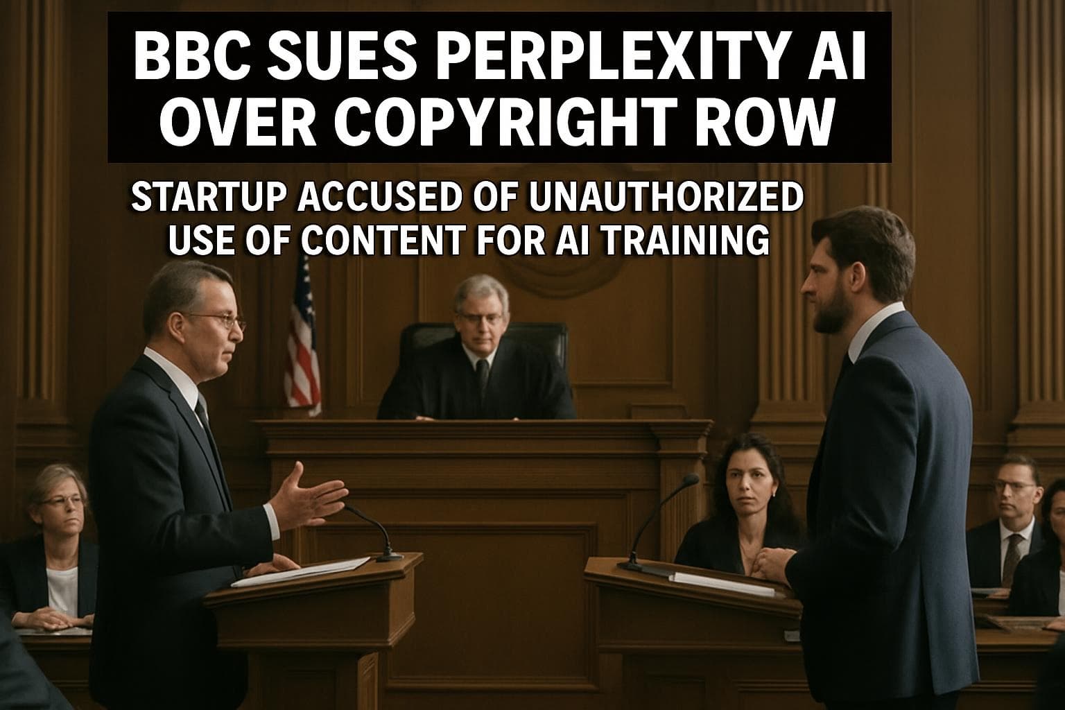 BBC and Perplexity AI logos in a courtroom setting
