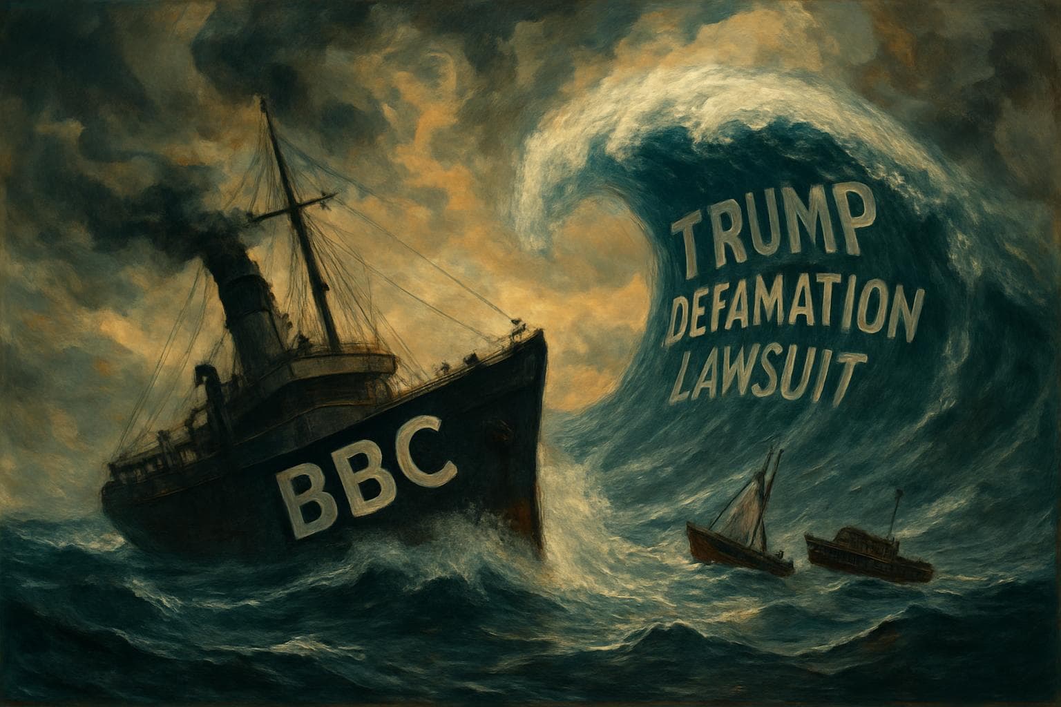 BBC ship in stormy sea facing wave symbolizing Trump's lawsuit