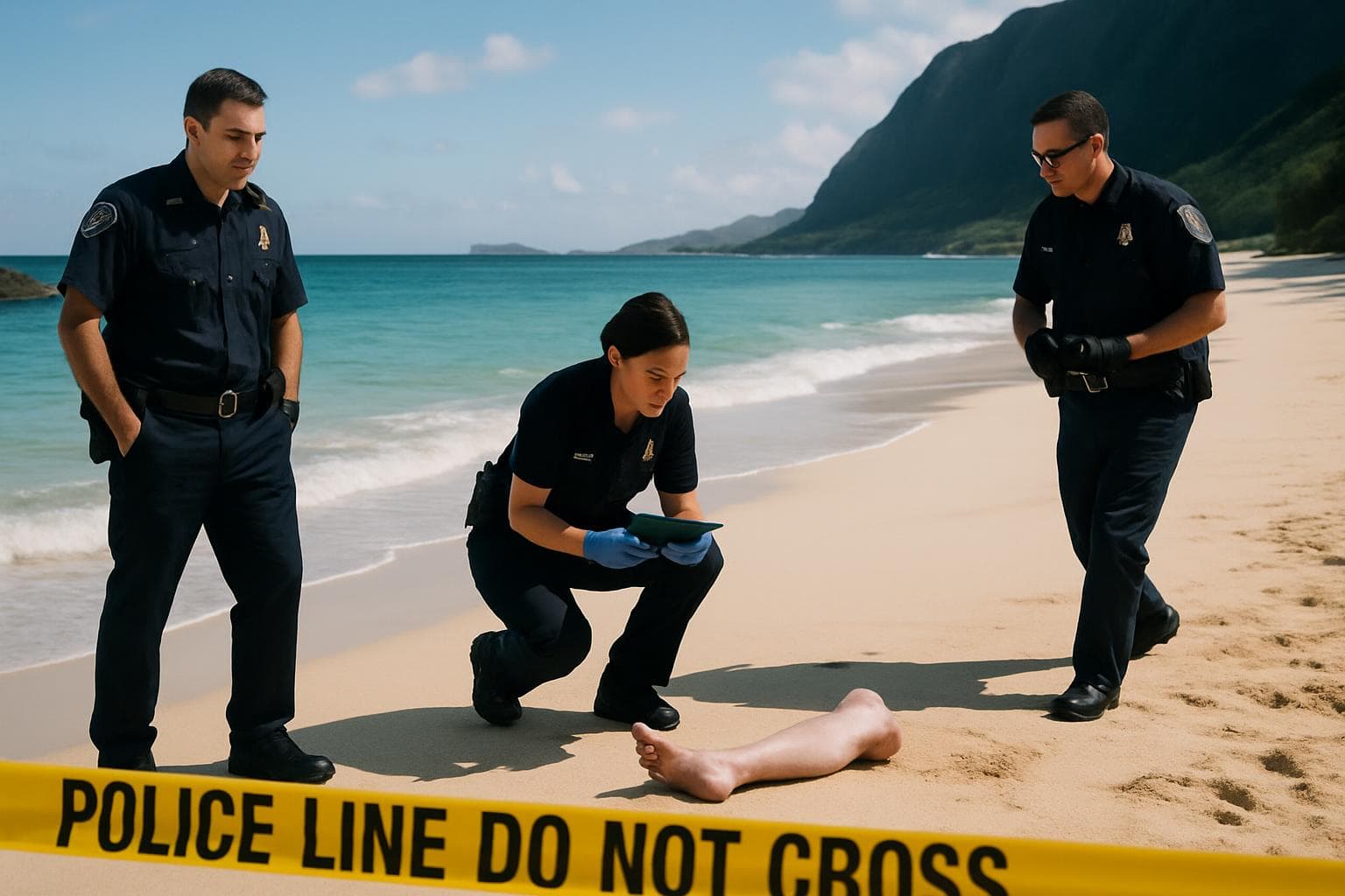 Police tape surrounds a beach with officers investigating
