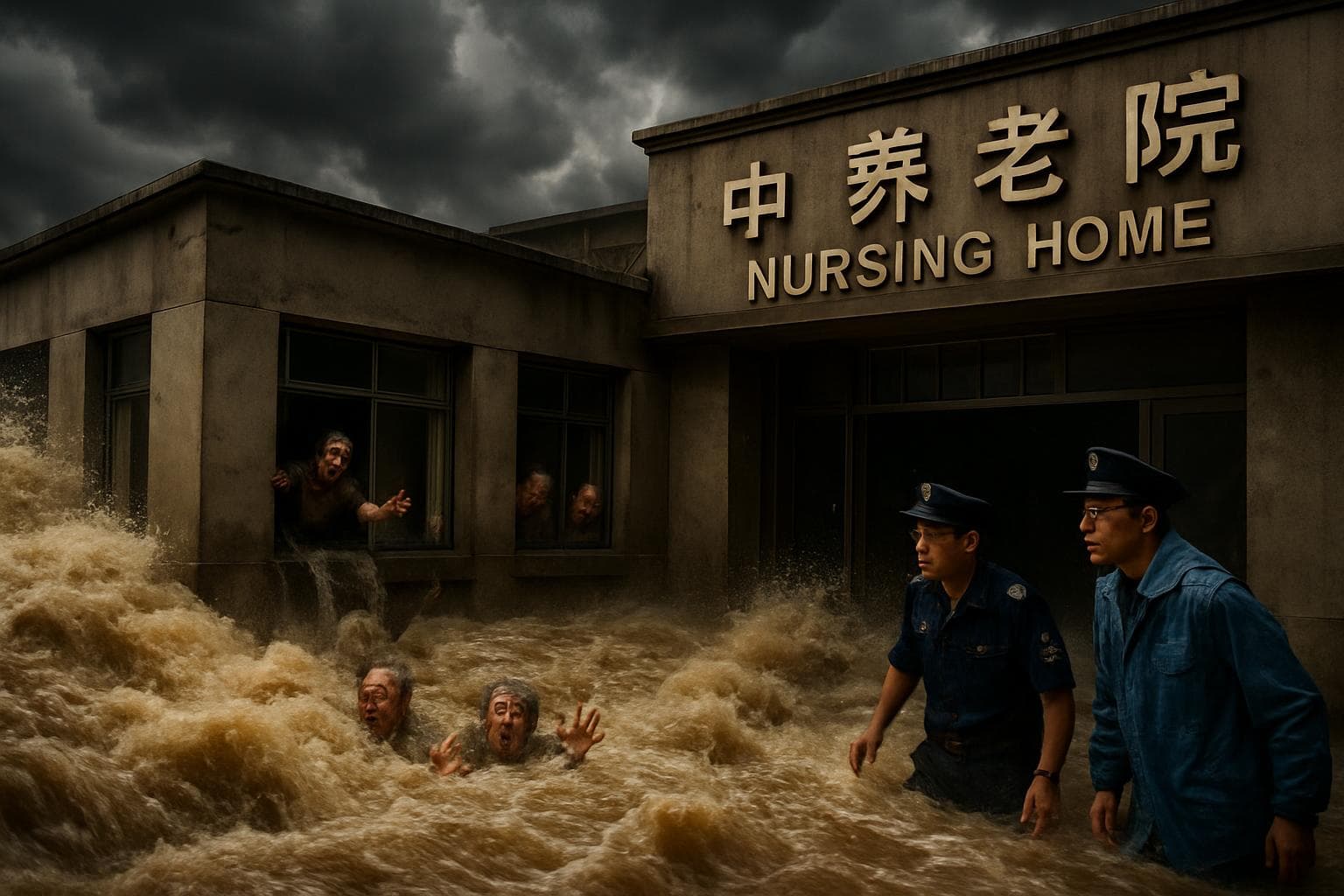 Floodwaters engulfing a nursing home in Beijing