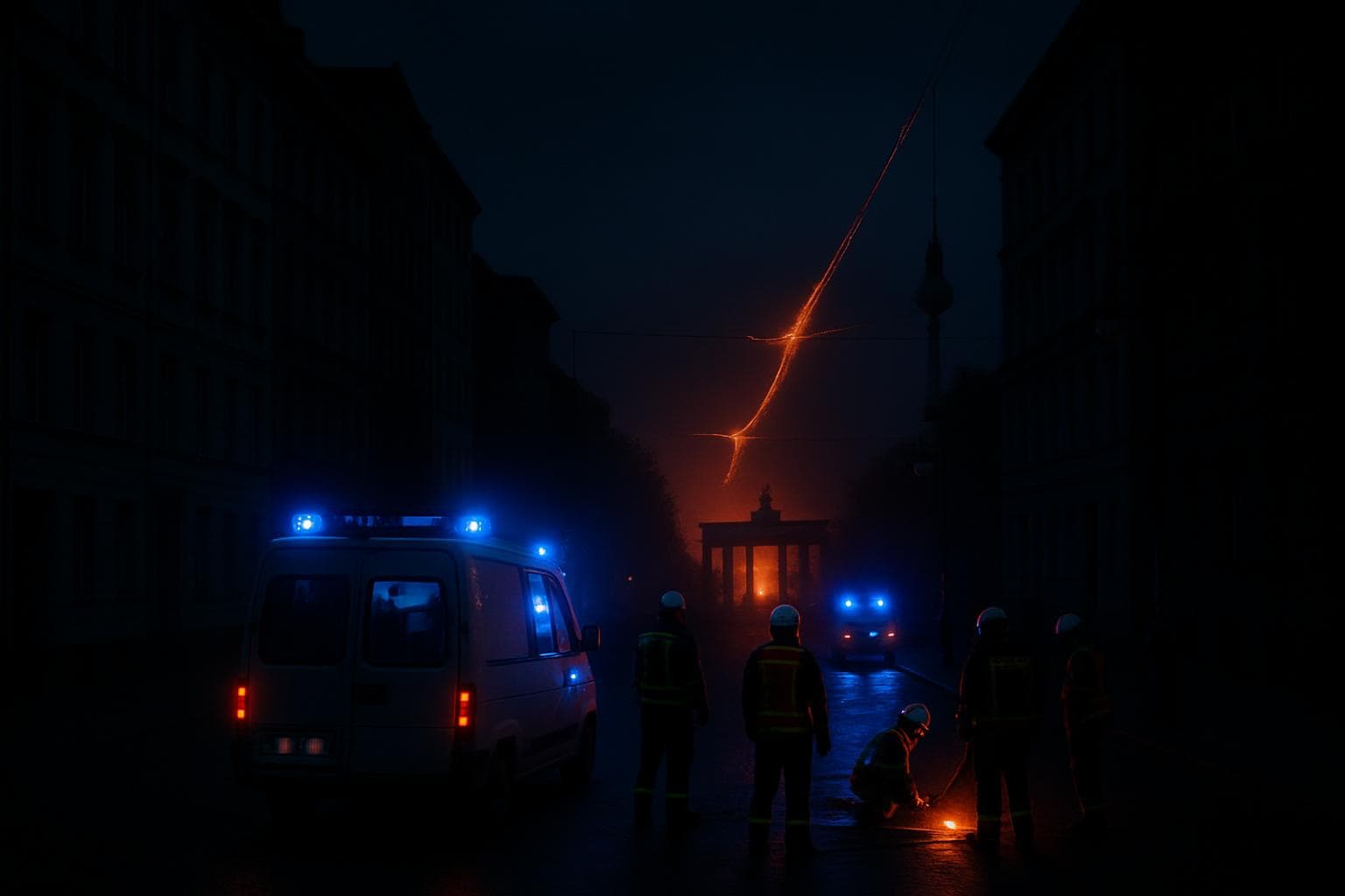 Berlin nighttime scene with emergency personnel and burning cables