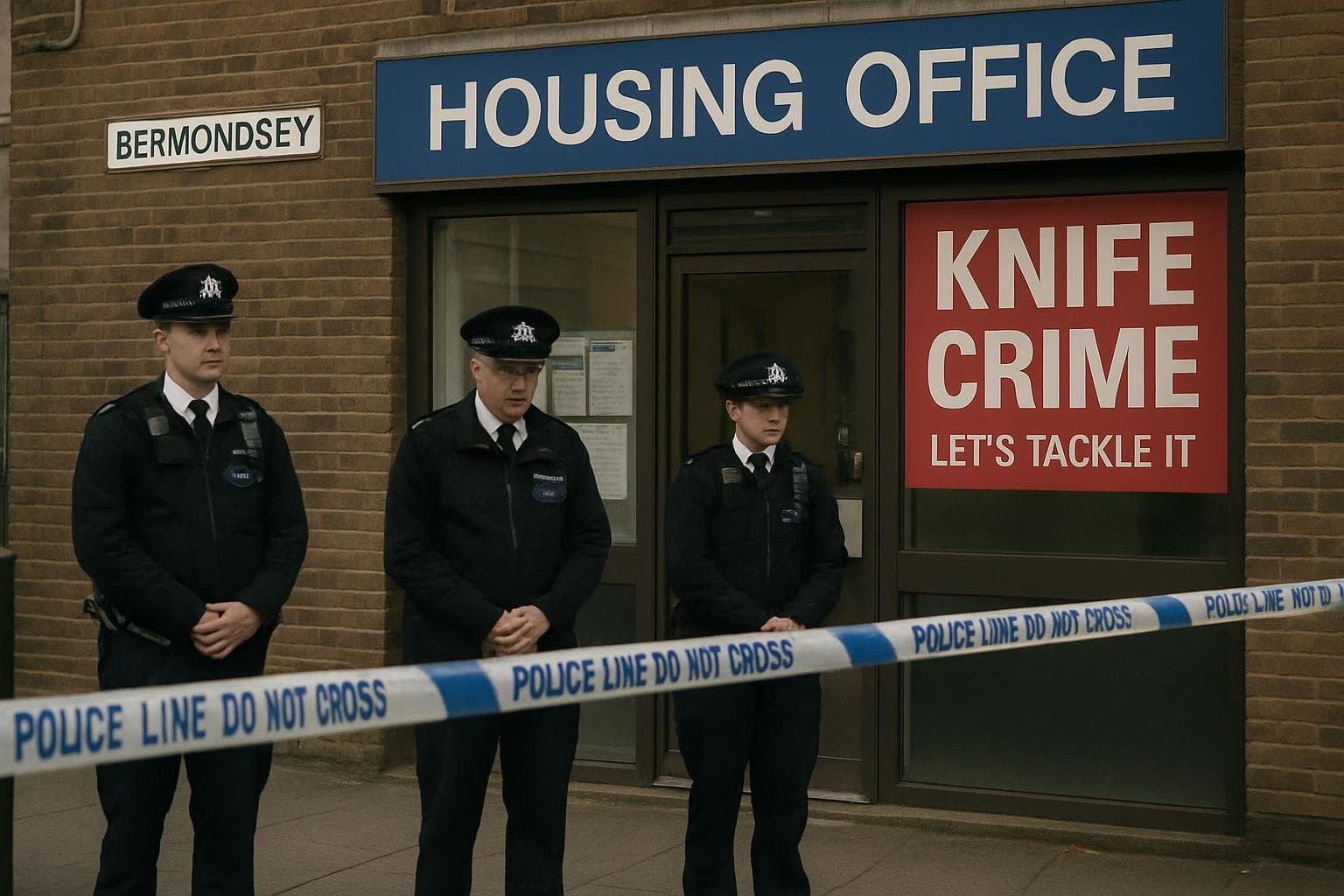 Police cordon outside housing office in Bermondsey, London