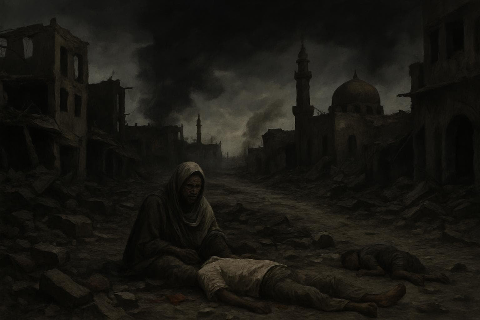 Besieged city under dark sky with signs of destruction