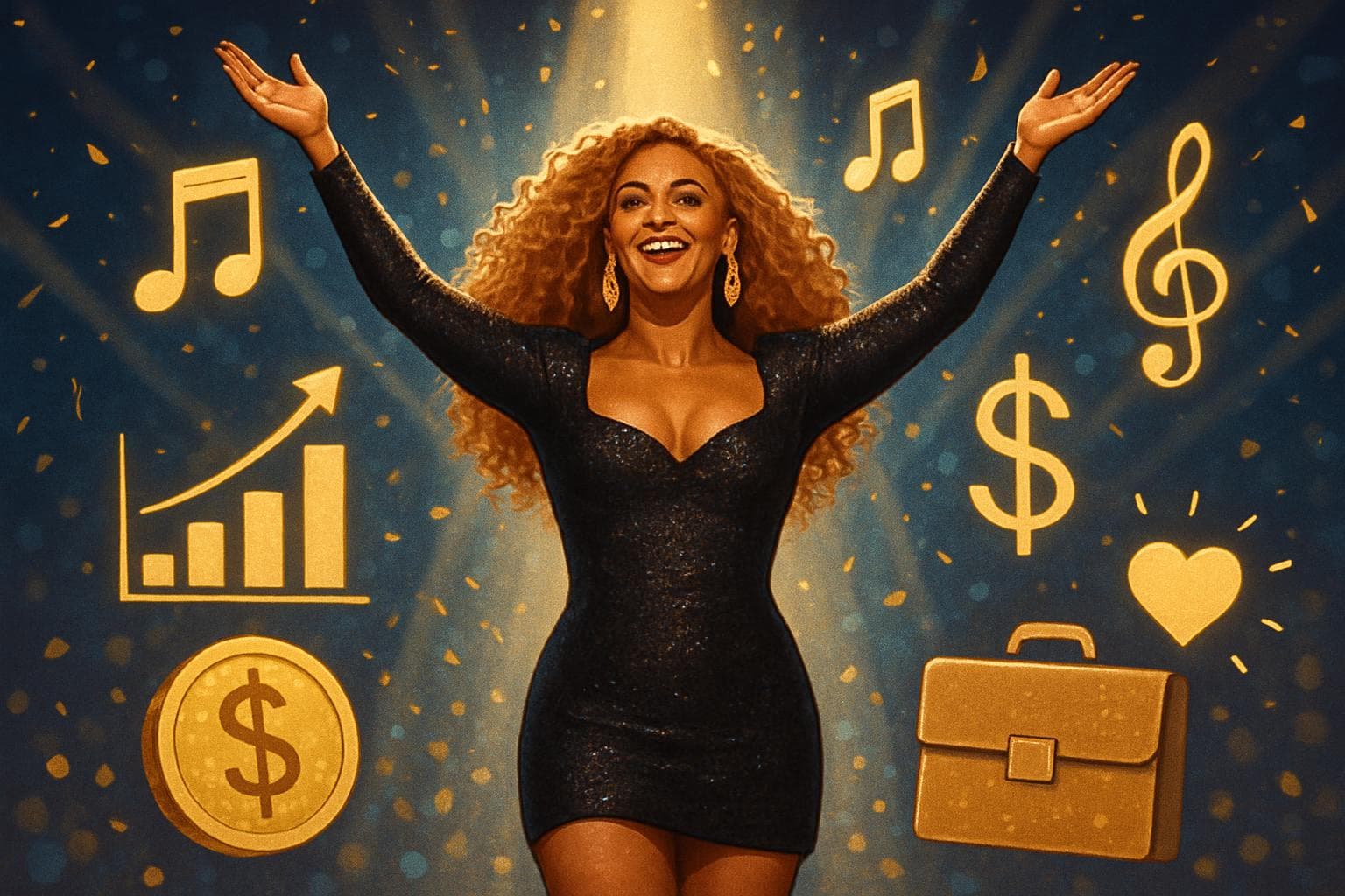 Beyoncé on stage with music and philanthropy symbols