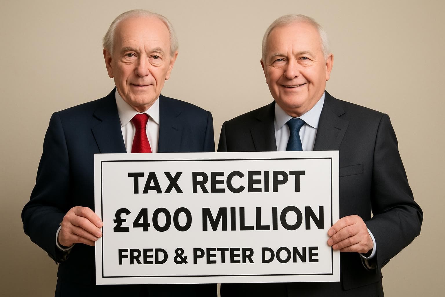 Two billionaire brothers holding a large tax receipt in the UK