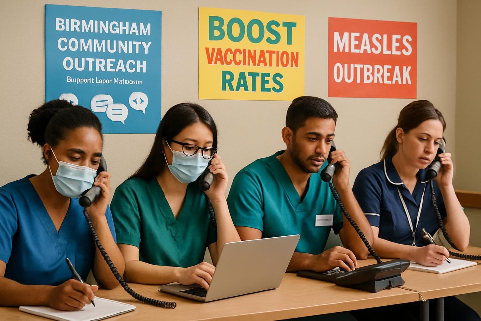 Healthcare workers in Birmingham making phone calls