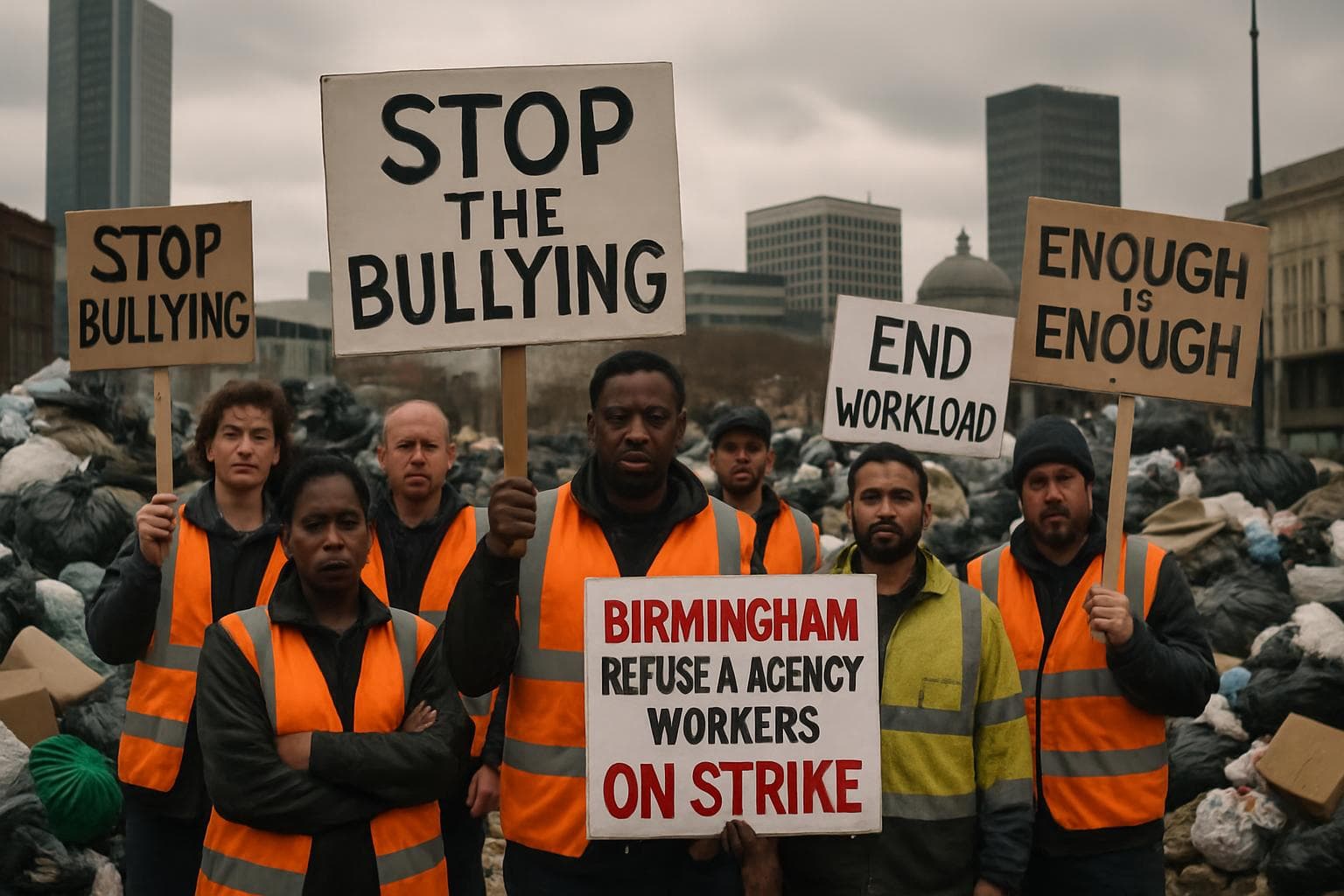 Birmingham refuse workers on picket line with protest signs