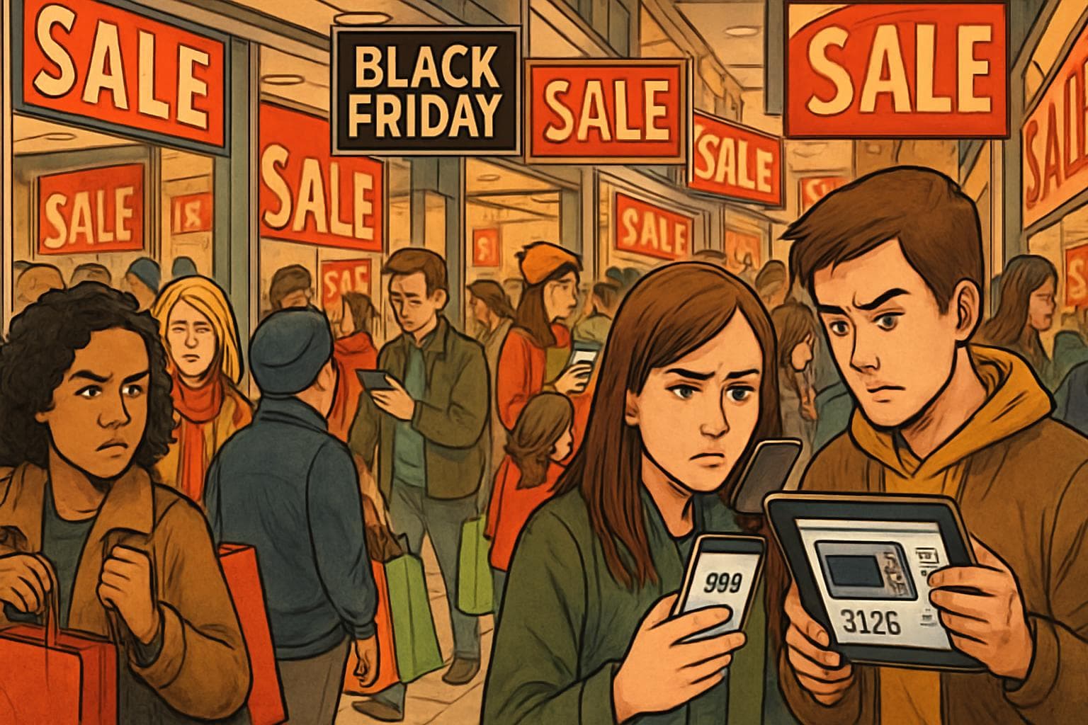 Holiday shoppers navigating stores with colorful sale signs