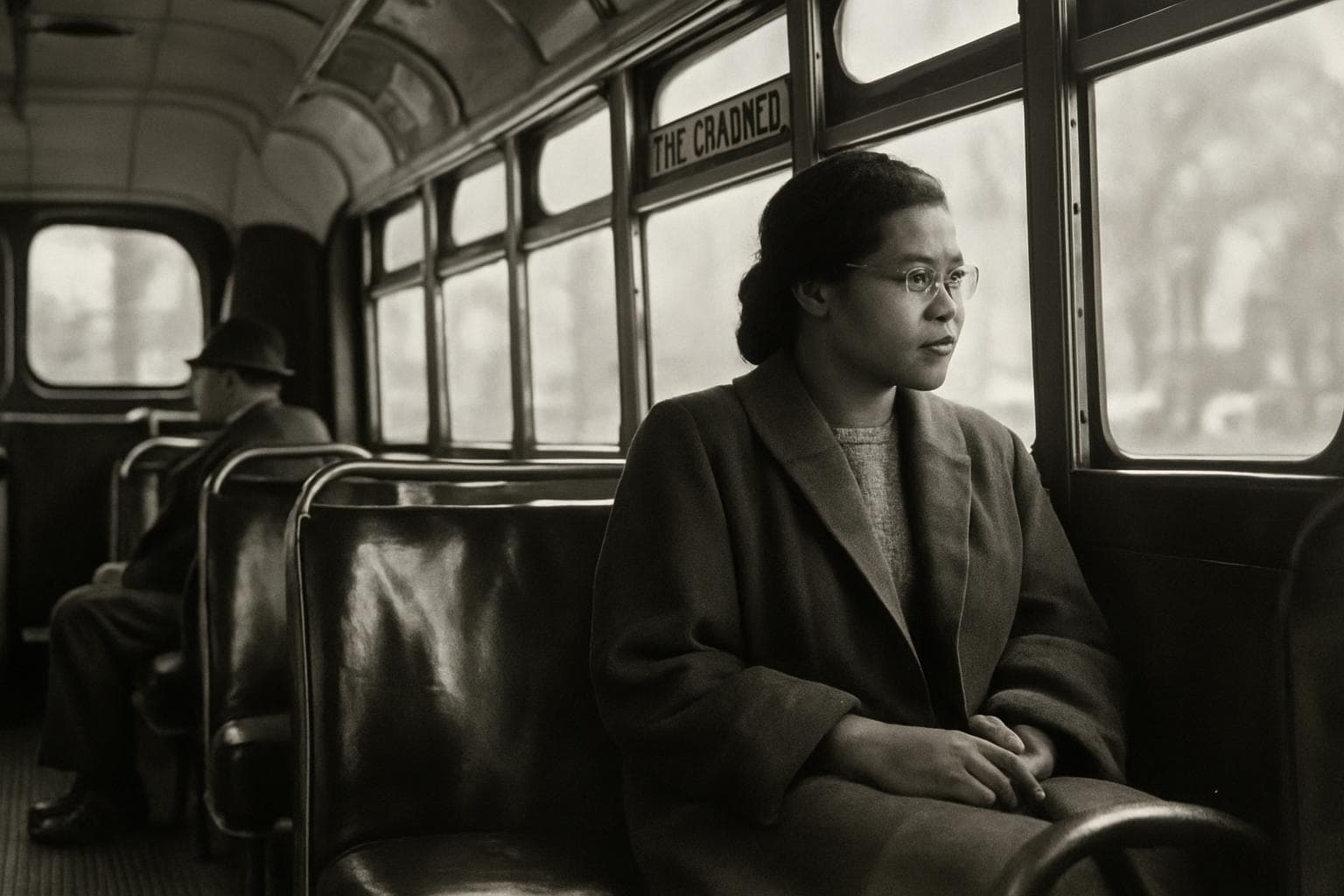 Young Black woman sitting on a bus in 1955 Montgomery