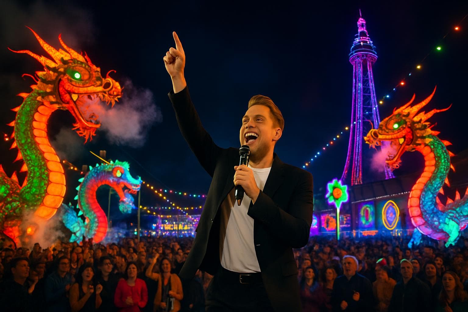 Olly Murs switches on Blackpool 2025 Illuminations with giant dragons.