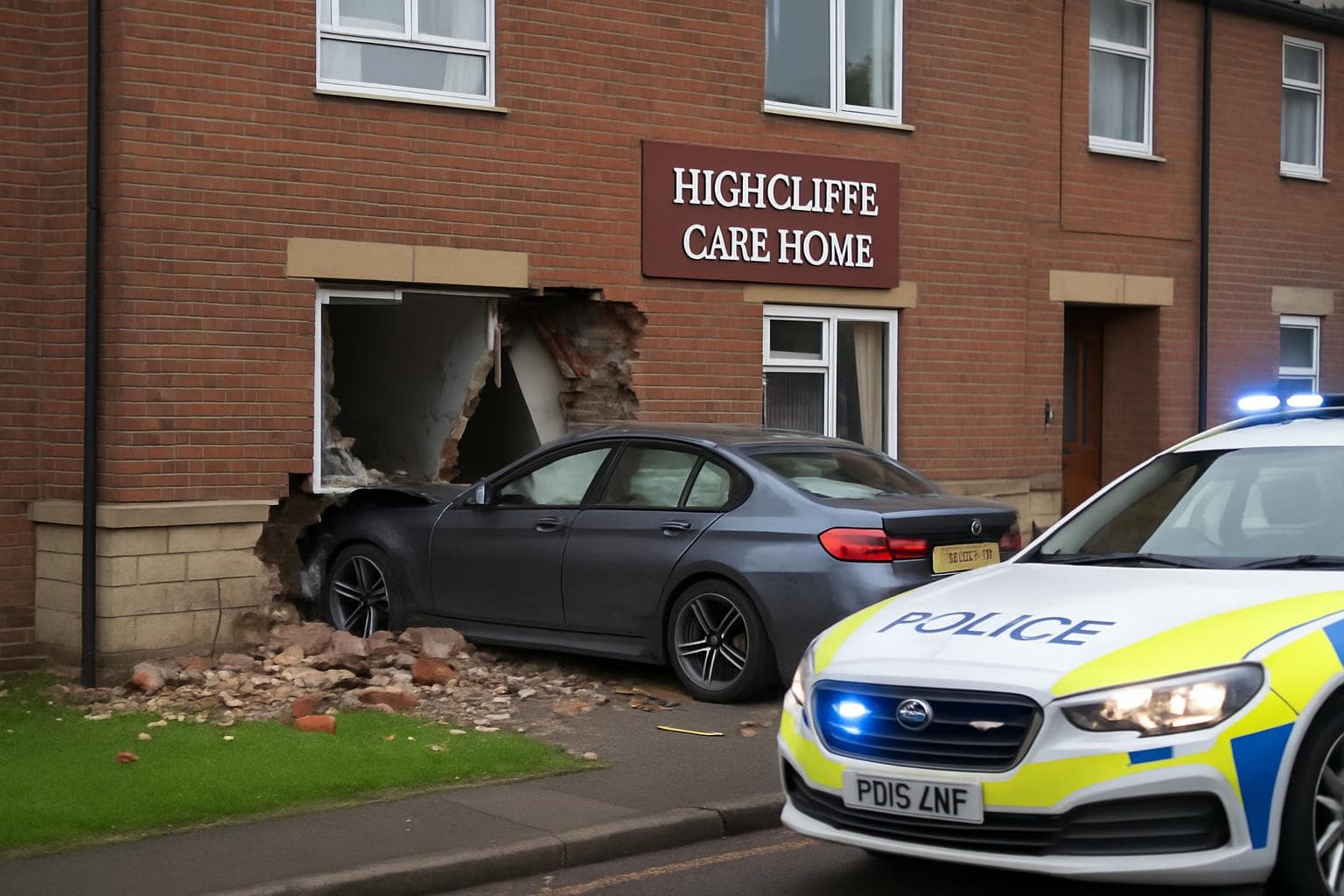 Crashed BMW at Highcliffe Care Home in Sunderland