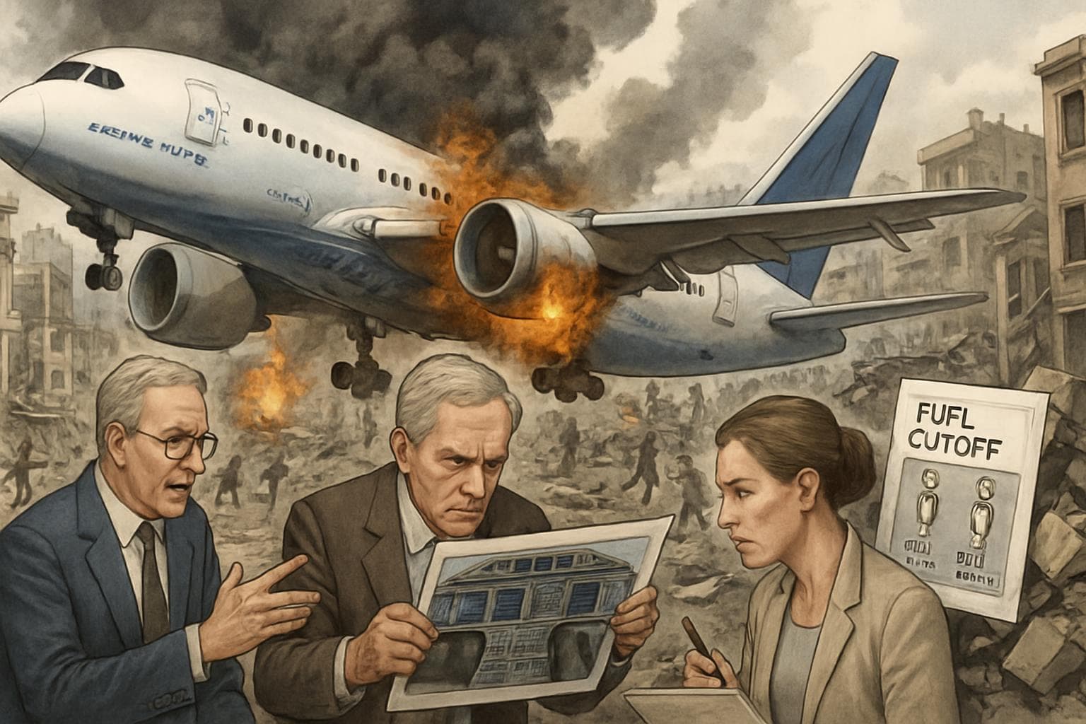 Boeing 787 Dreamliner with flaming engine in city crash