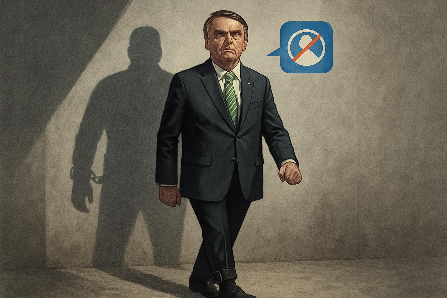 Jair Bolsonaro wearing an ankle monitor with a shadow of arrest