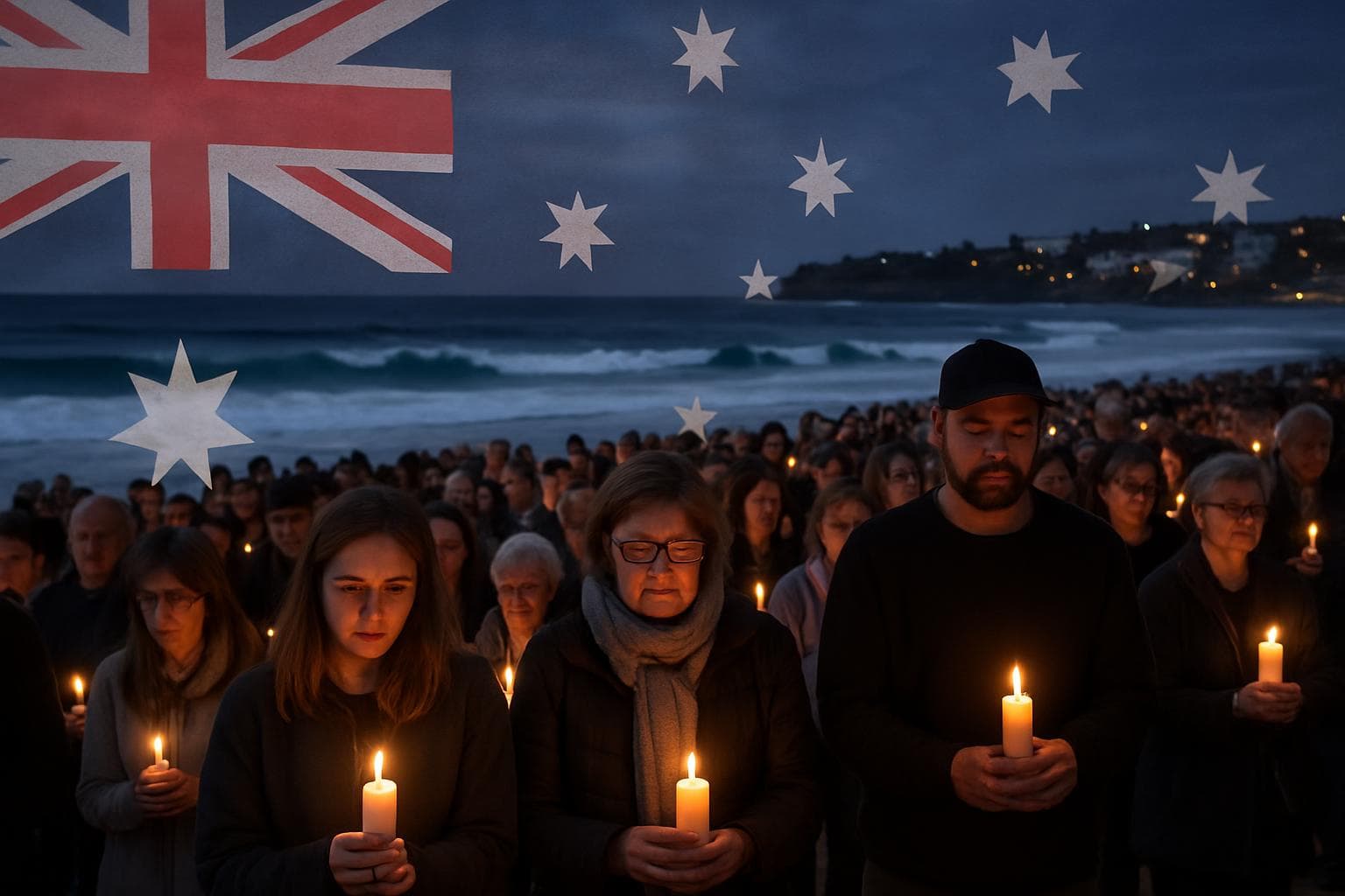 People holding candles at Bondi Beach vigil with flags