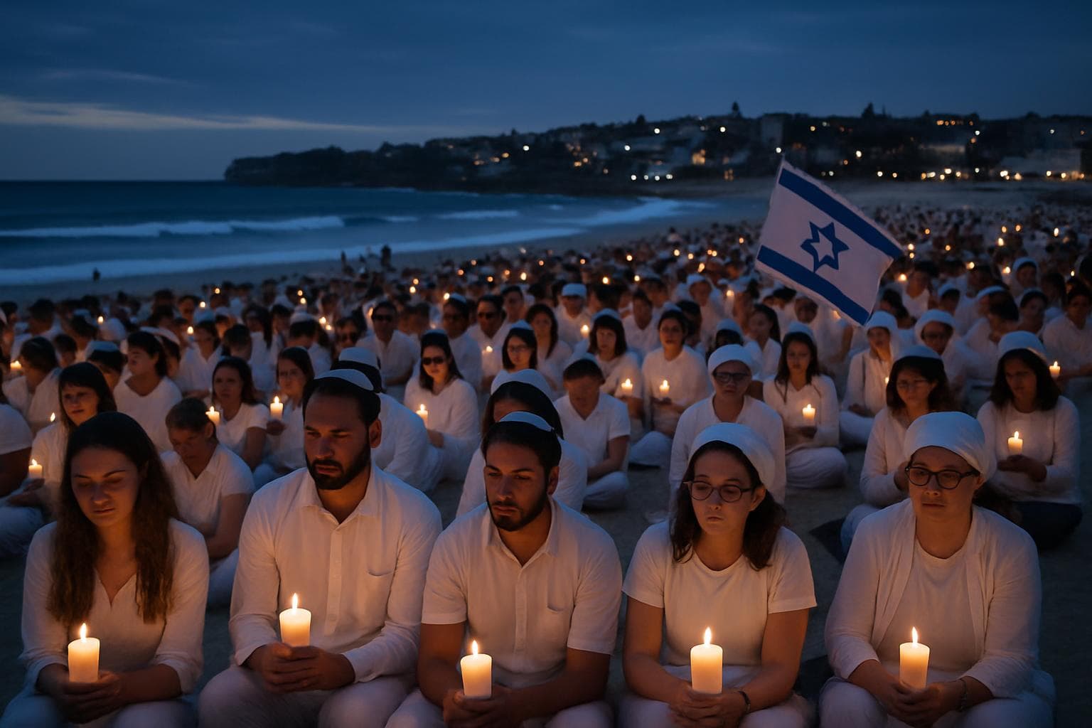 Mourners in white holding a vigil with candles at Bondi Beach