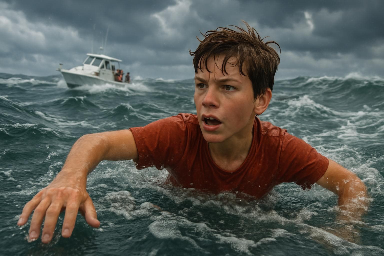 13-year-old boy swimming in rough sea to rescue family