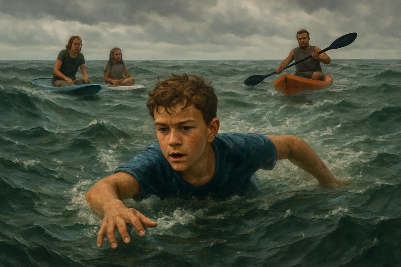 13-year-old boy swimming in rough seas under overcast skies