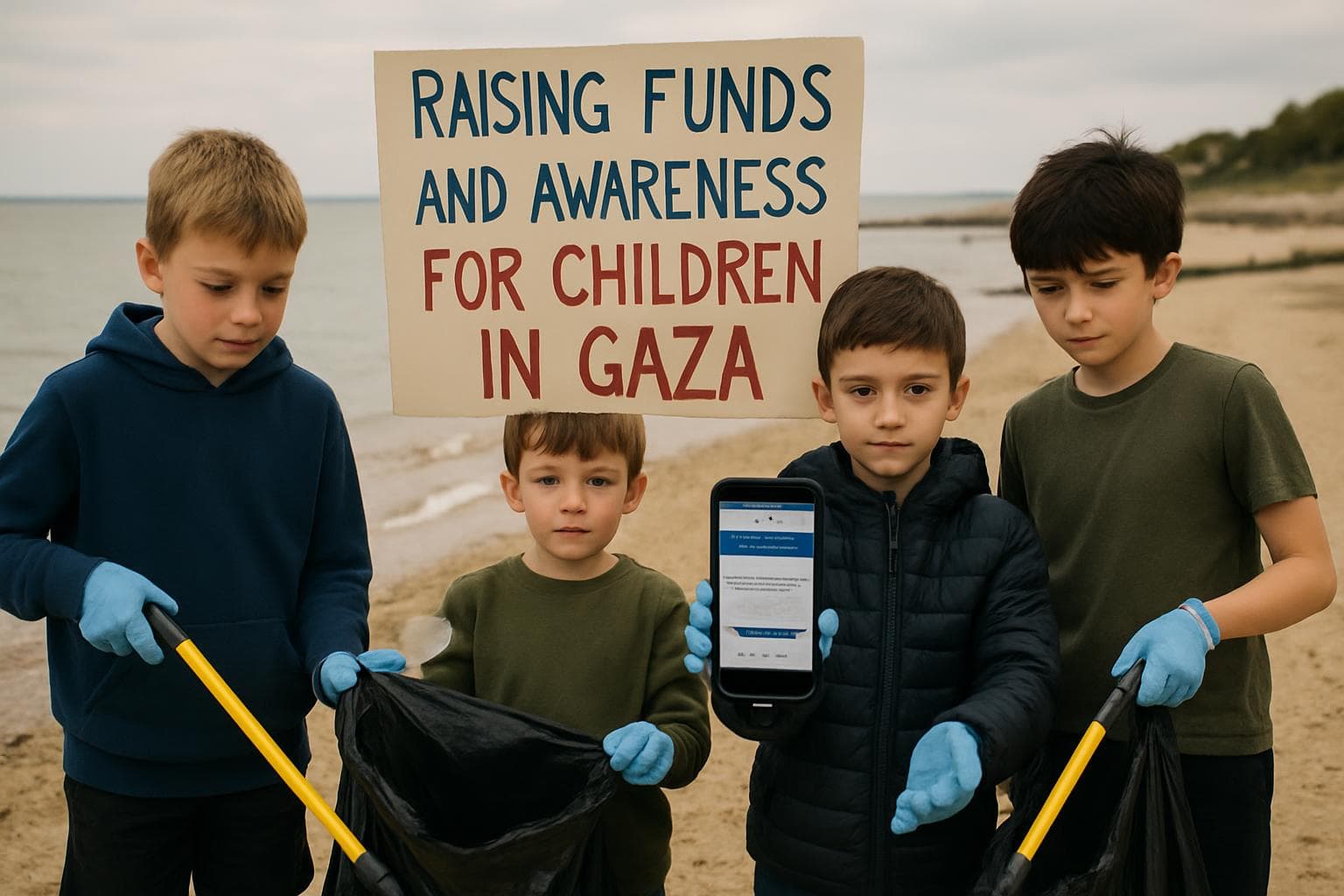 Young boys cleaning a beach in Essex for Gaza fundraiser