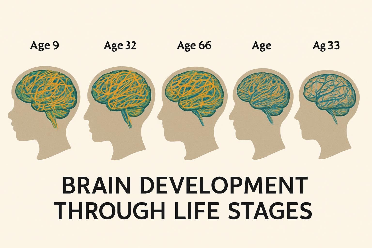 Human brain development at ages 9, 32, 66, and 83