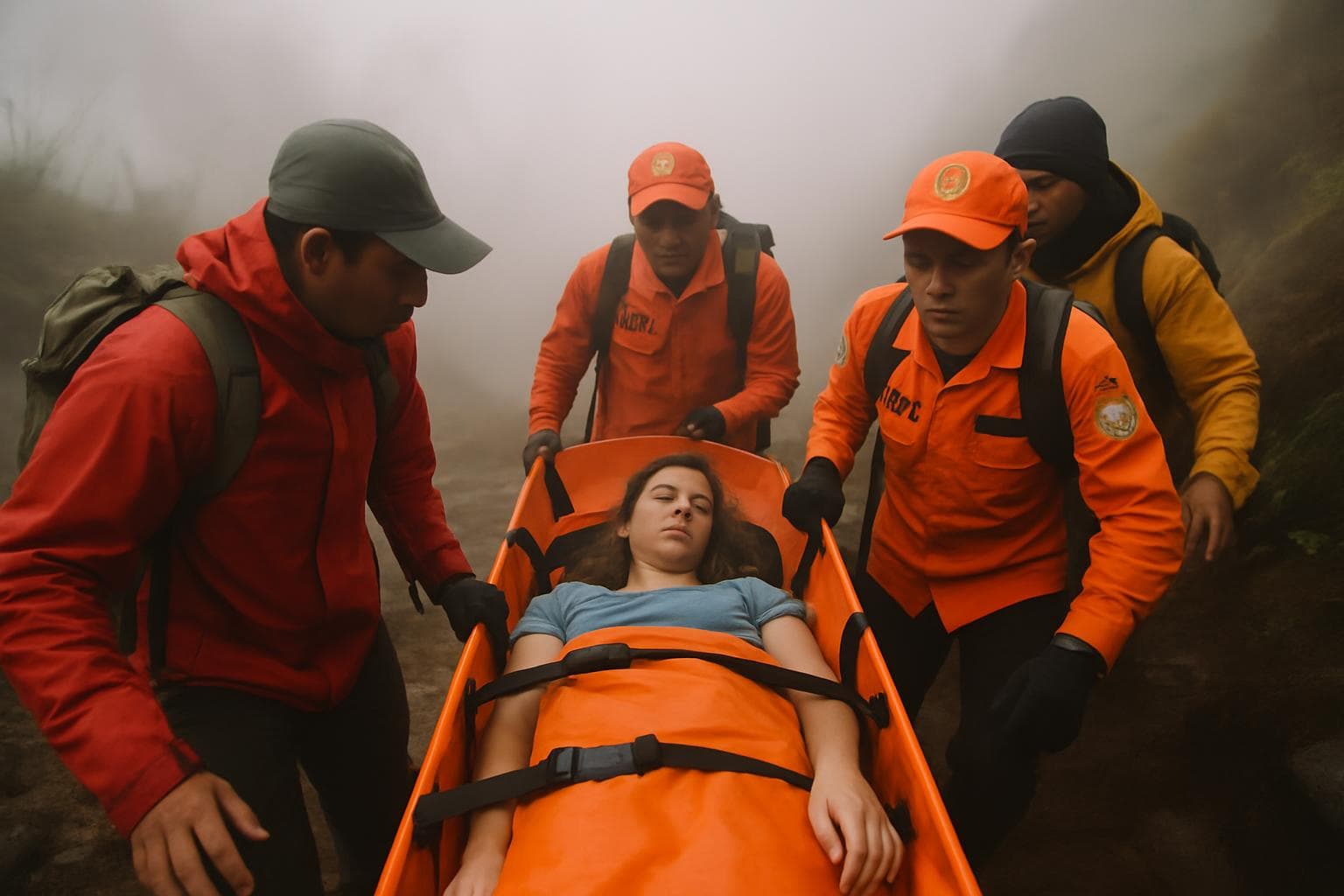 Rescue operation on Mount Rinjani in foggy conditions