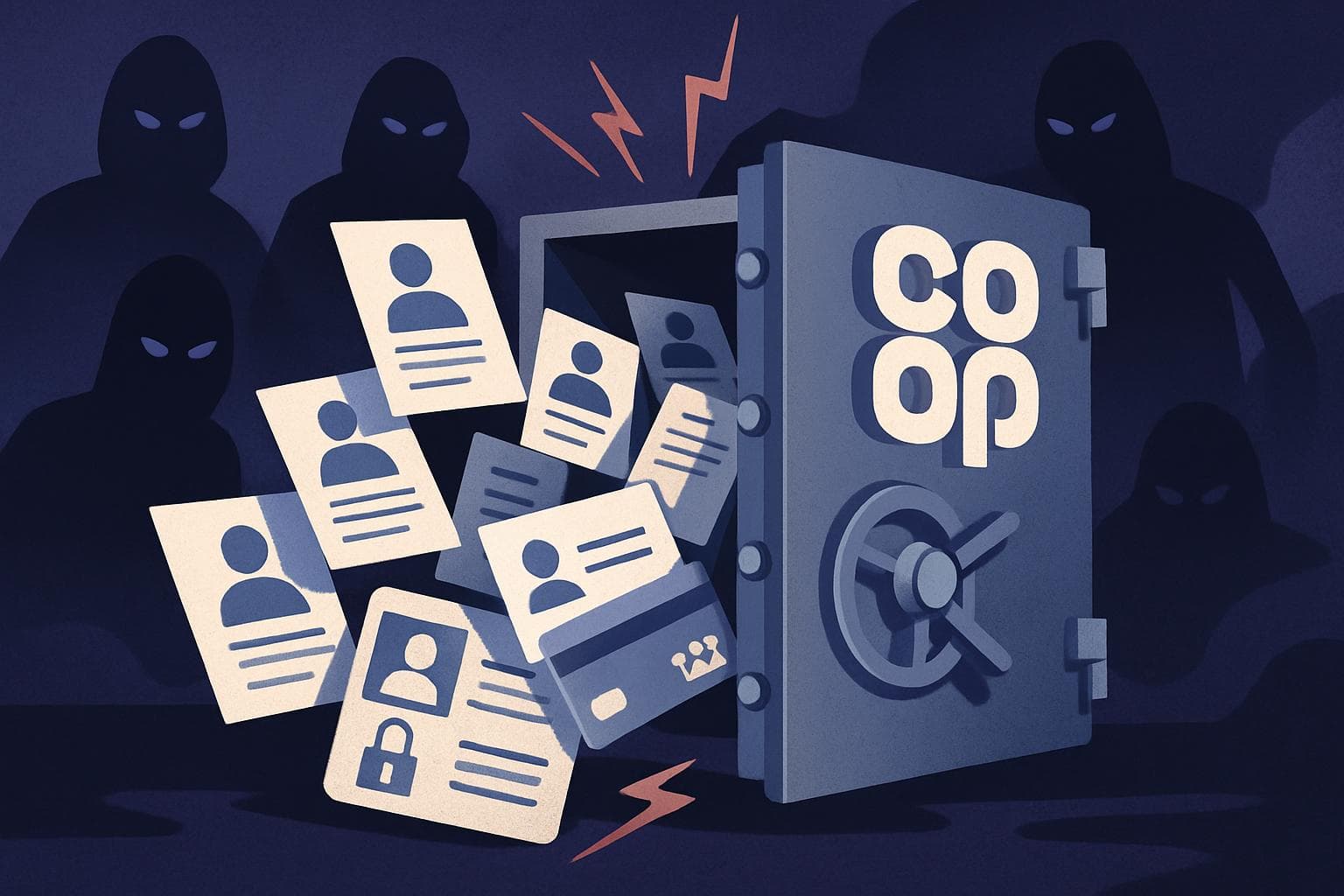 Breached vault with Co-op logo and personal data spilling out