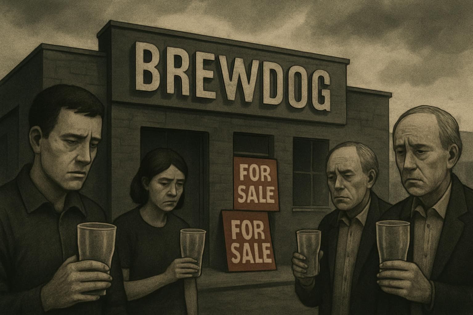 Desolate Brewdog building with for sale signs and concerned people