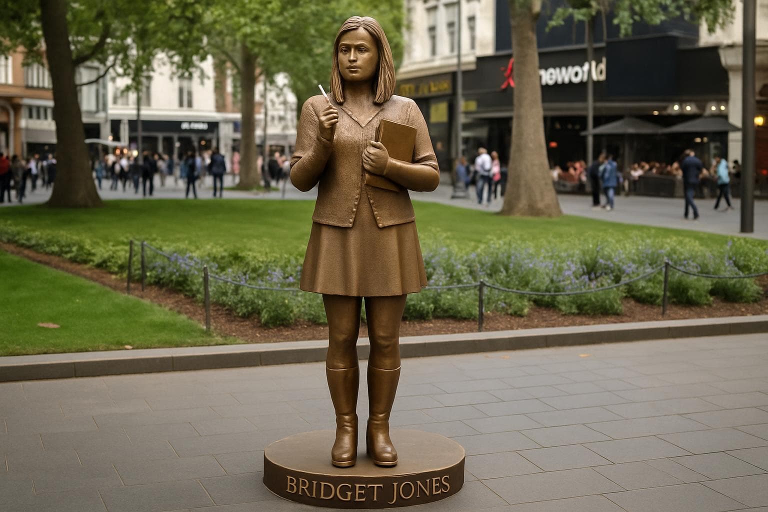 Statue of Bridget Jones holding a diary and pen in London